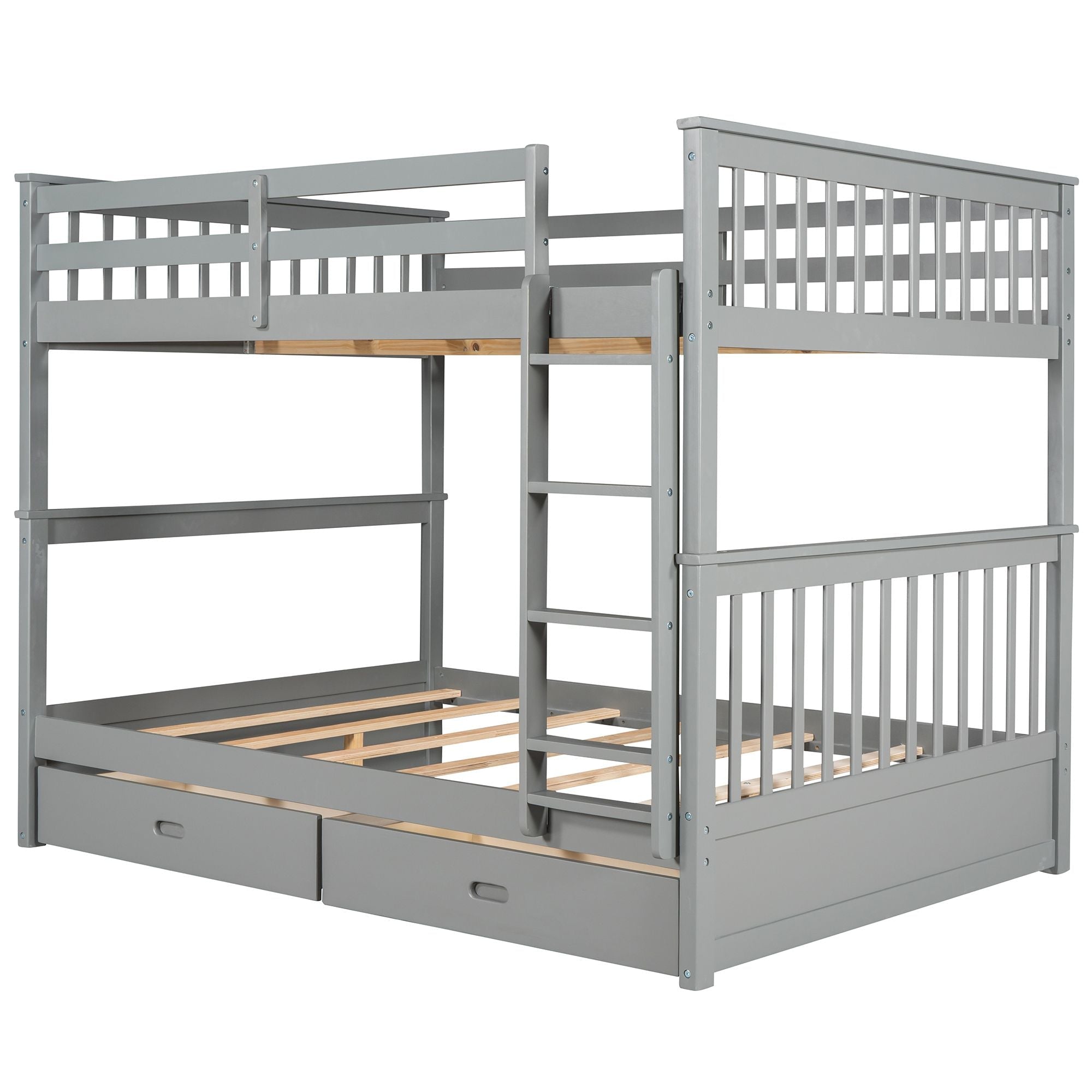 Space-Saving Full Over Full Wood Bunk Bed with Two Storage Drawers and Ladders in Multiple Finishes | Just Better Bunk Beds