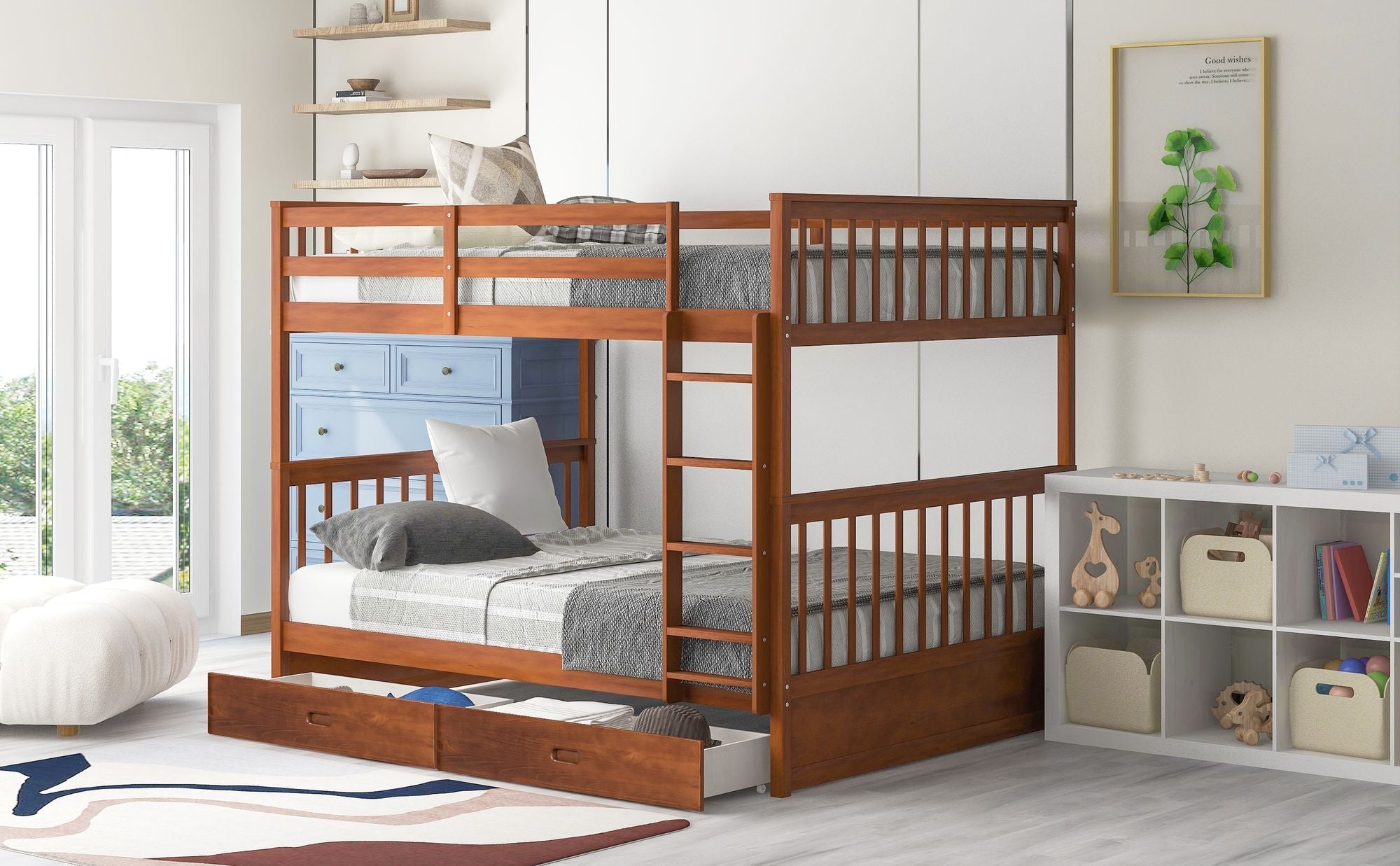 Space-Saving Full Over Full Wood Bunk Bed with Two Storage Drawers and Ladders in Multiple Finishes | Just Better Bunk Beds