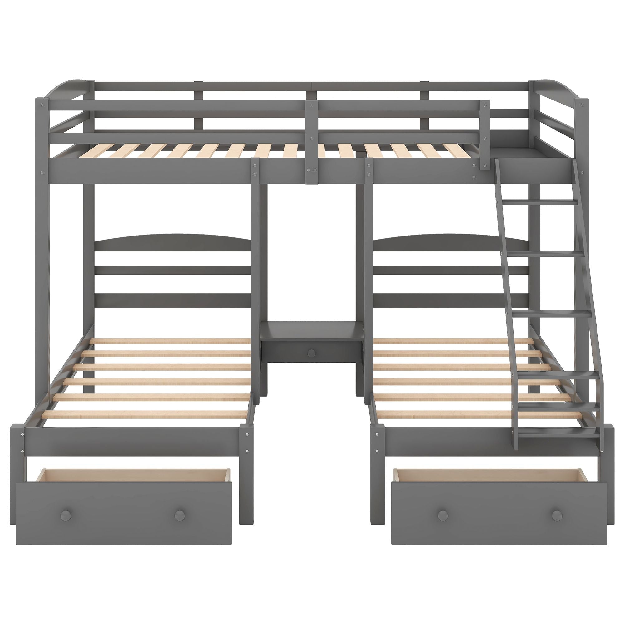 Space-Saving Full Over Twin & Twin Wood Triple Bunk Bed with Drawers, Gray | Just Better Bunk Beds