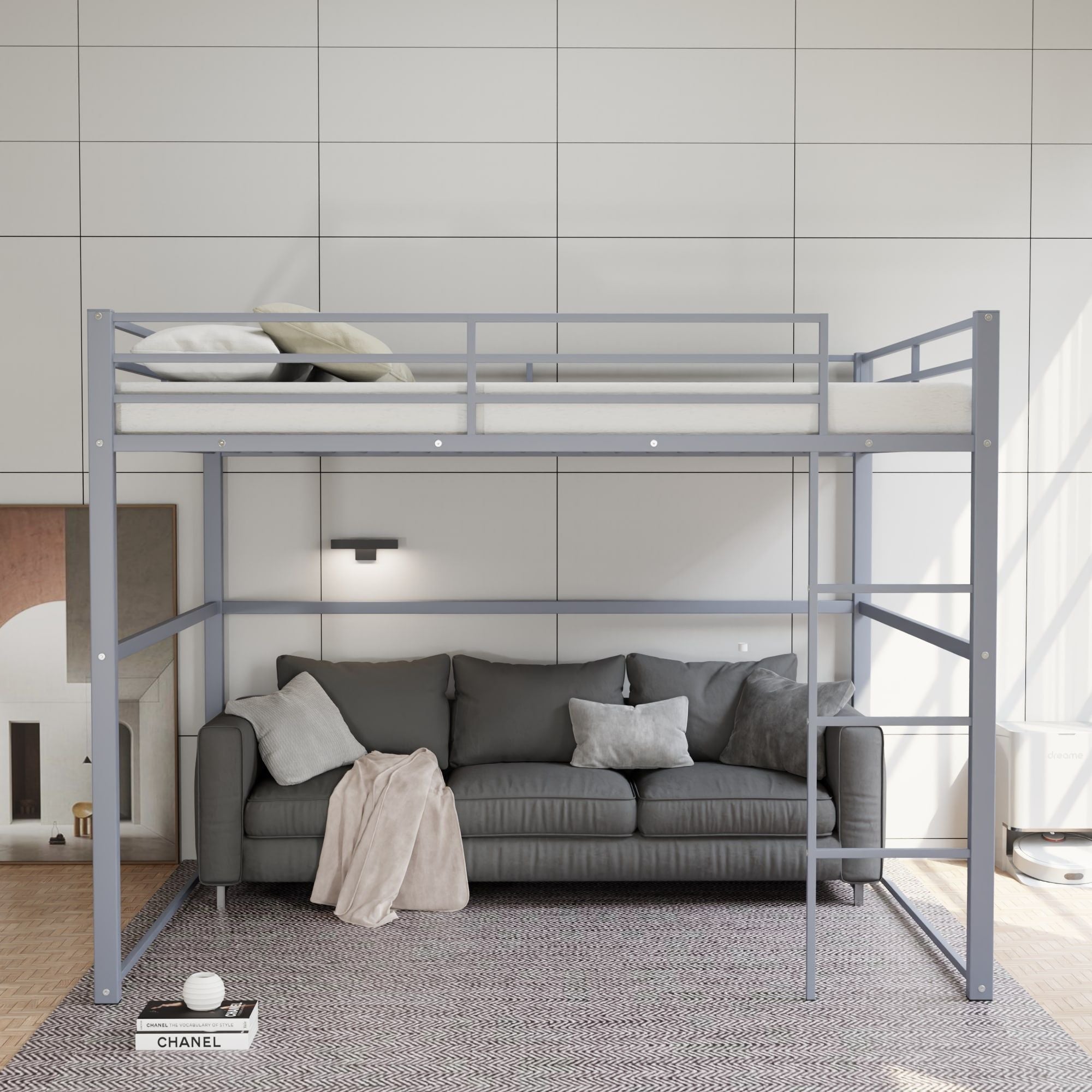 Space-Saving Full Size Metal Loft Bed with Guard Rails and Flat Ladder, Gray | Just Better Bunk Beds