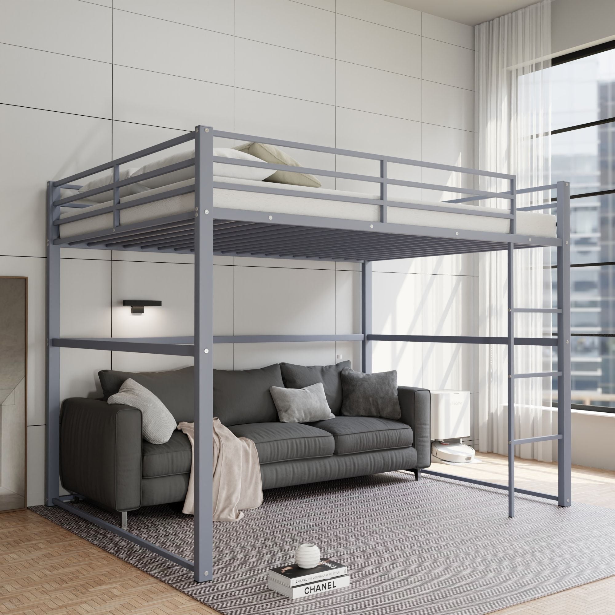 Space-Saving Full Size Metal Loft Bed with Guard Rails and Flat Ladder, Gray | Just Better Bunk Beds