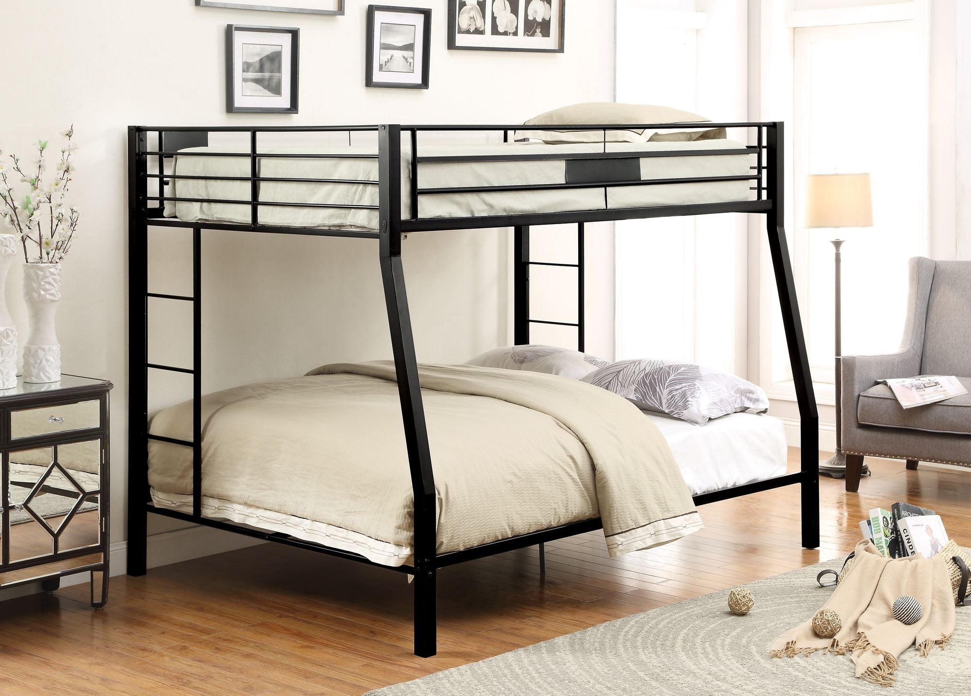 Space-Saving Full XL Over Queen Wood Bunk Bed with Safety Guardrail in Sandy Black | Just Better Bunk Beds