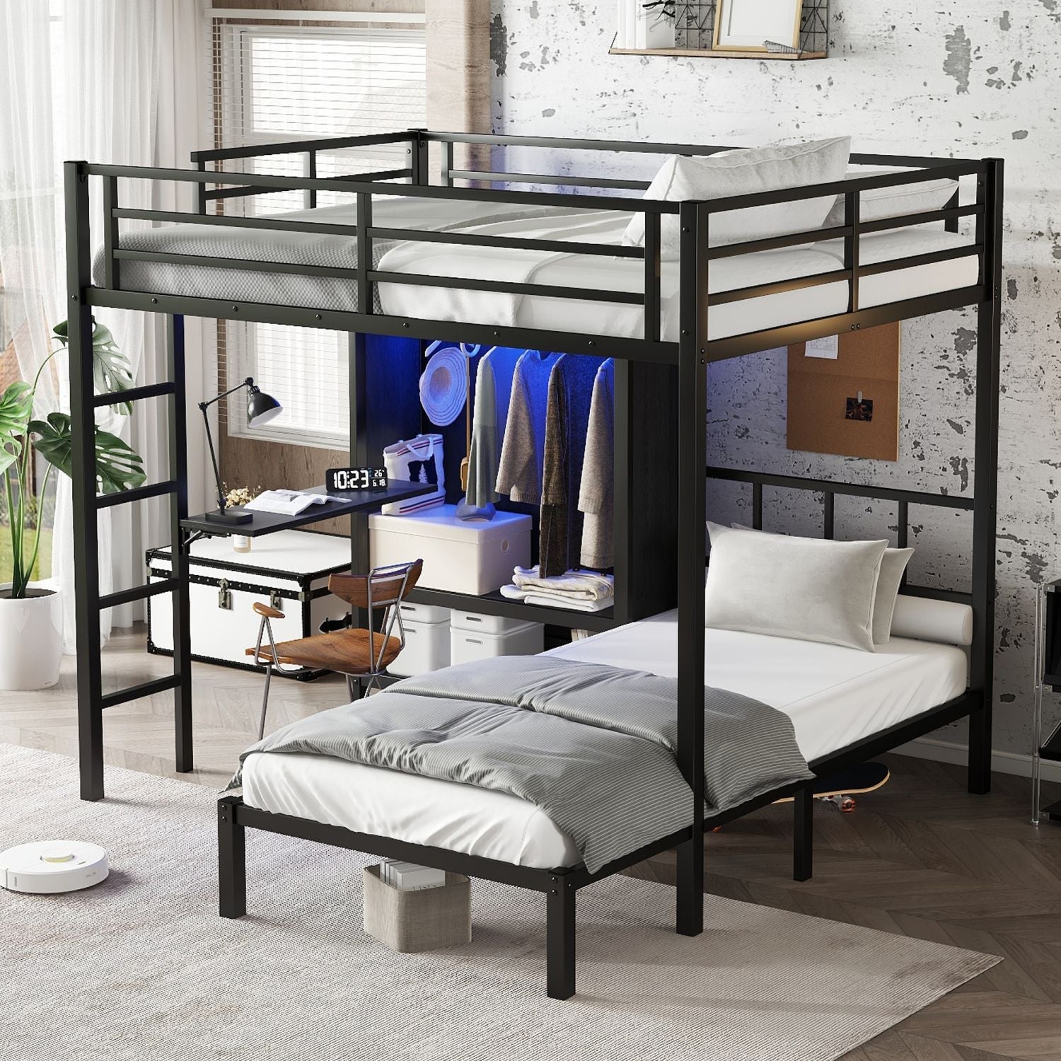Space-Saving Full XL Over Twin Metal Bunk Bed with Folding Desk and LED Closet in Black | Just Better Bunk Beds