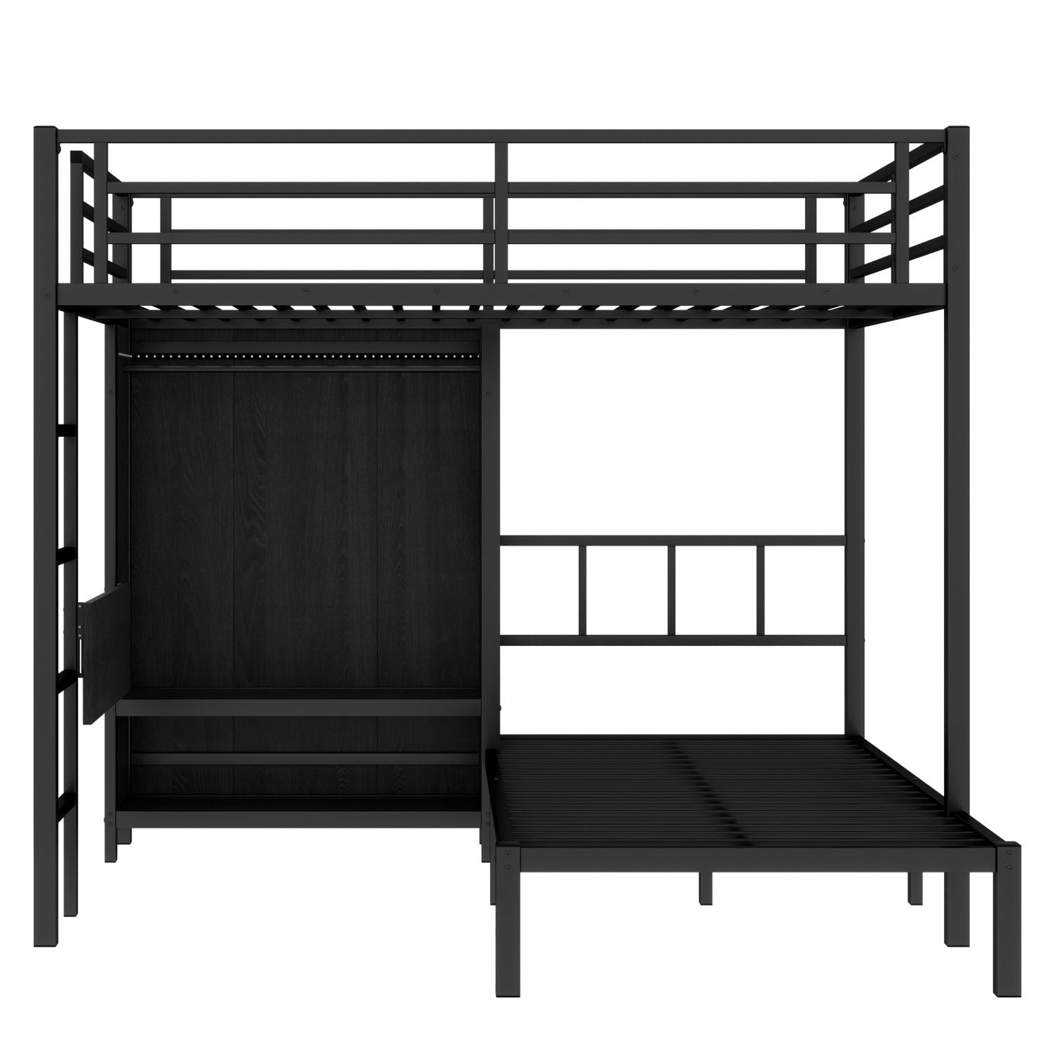 Space-Saving Full XL Over Twin Metal Bunk Bed with Folding Desk and LED Closet in Black | Just Better Bunk Beds