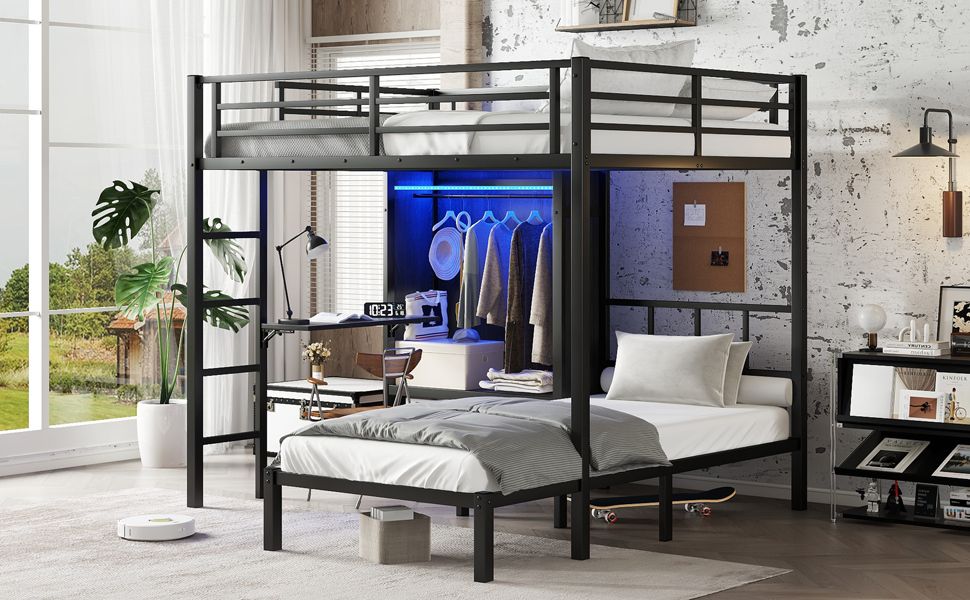 Space-Saving Full XL Over Twin Metal Bunk Bed with Folding Desk and LED Closet in Black | Just Better Bunk Beds