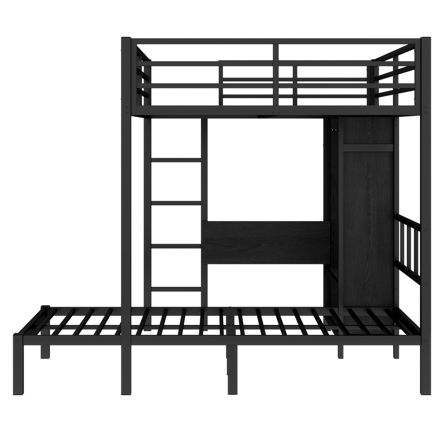 Space-Saving Full XL Over Twin Metal Bunk Bed with Folding Desk and LED Closet in Black | Just Better Bunk Beds