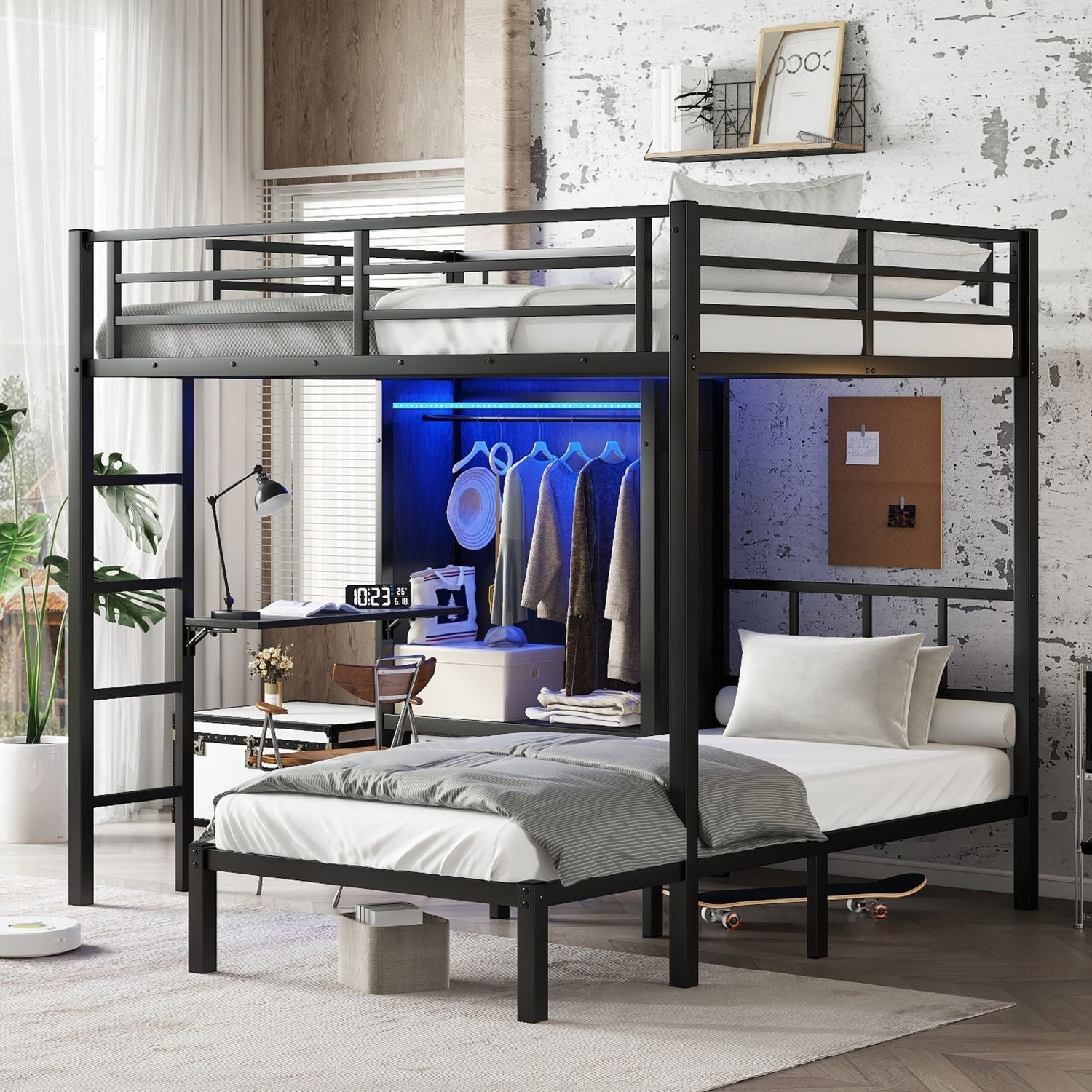 Space-Saving Full XL Over Twin Metal Bunk Bed with Folding Desk and LED Closet in Black | Just Better Bunk Beds