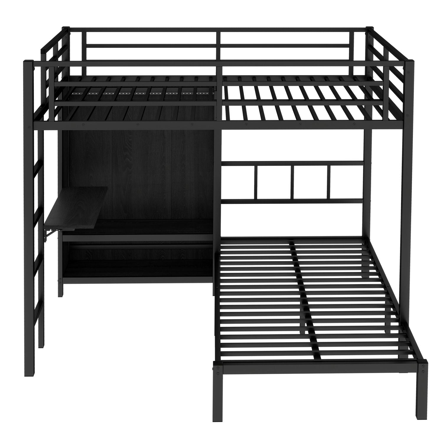 Space-Saving Full XL Over Twin Metal Bunk Bed with Folding Desk and LED Closet in Black | Just Better Bunk Beds