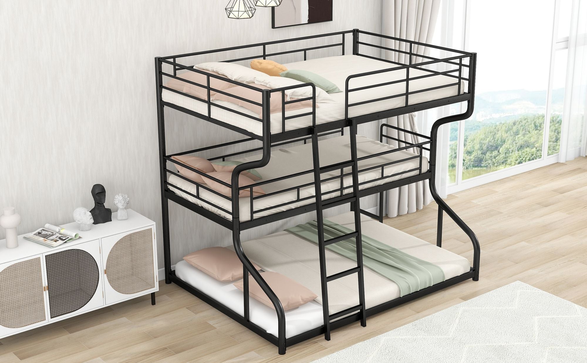 Space-Saving Full XL/Twin XL/Queen Metal Triple Bunk Bed with Dual Ladders, Black or White | Just Better Bunk Beds