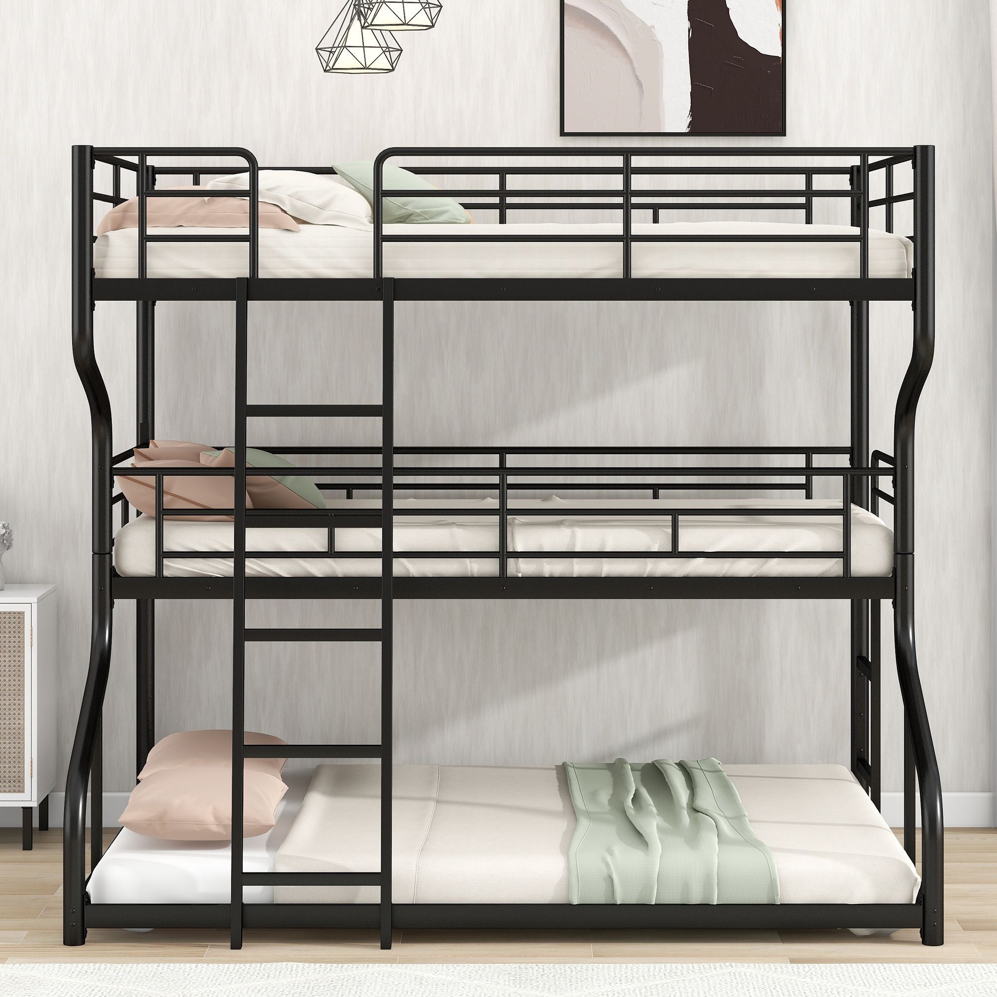 Space-Saving Full XL/Twin XL/Queen Metal Triple Bunk Bed with Dual Ladders, Black or White | Just Better Bunk Beds