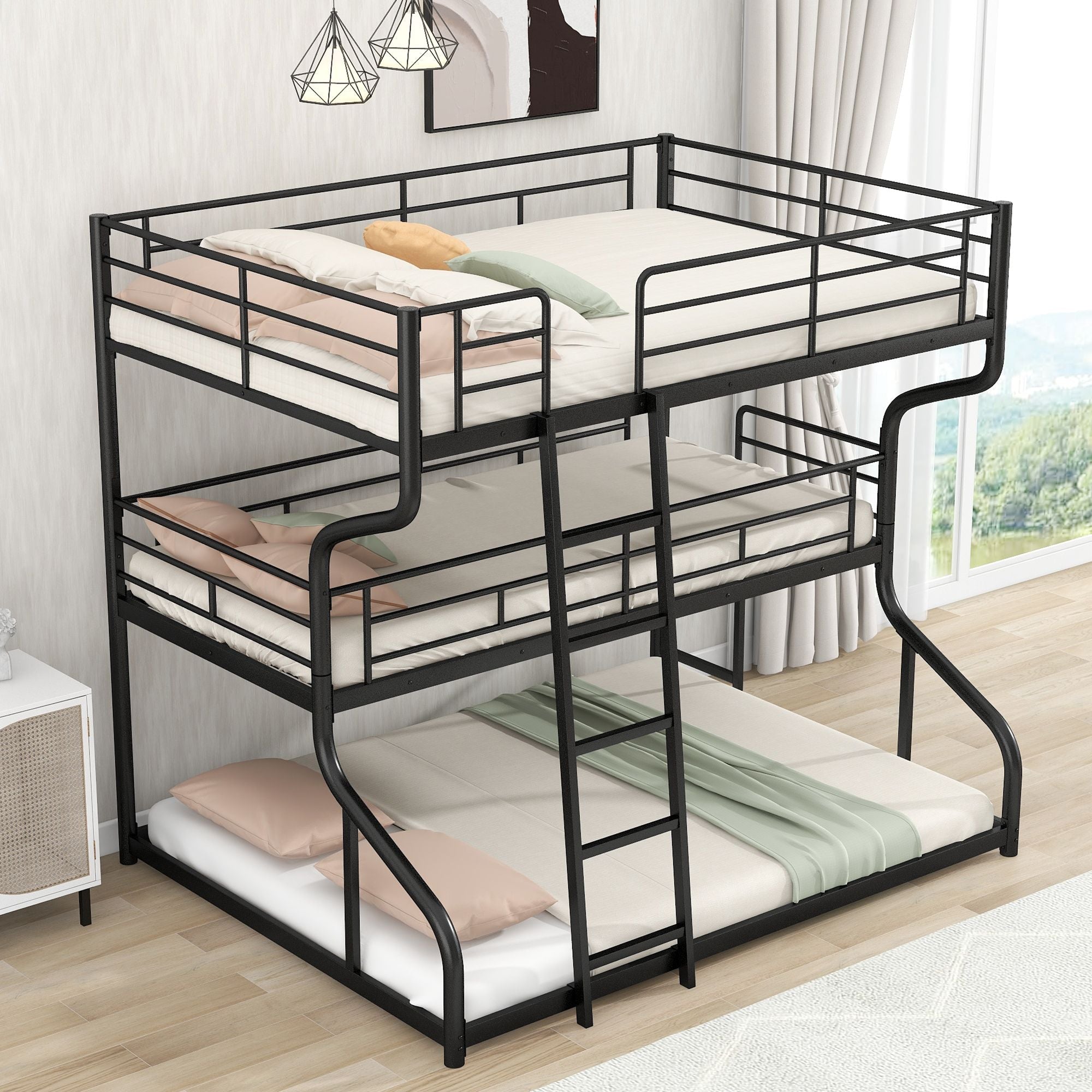 Space-Saving Full XL/Twin XL/Queen Metal Triple Bunk Bed with Dual Ladders, Black or White | Just Better Bunk Beds