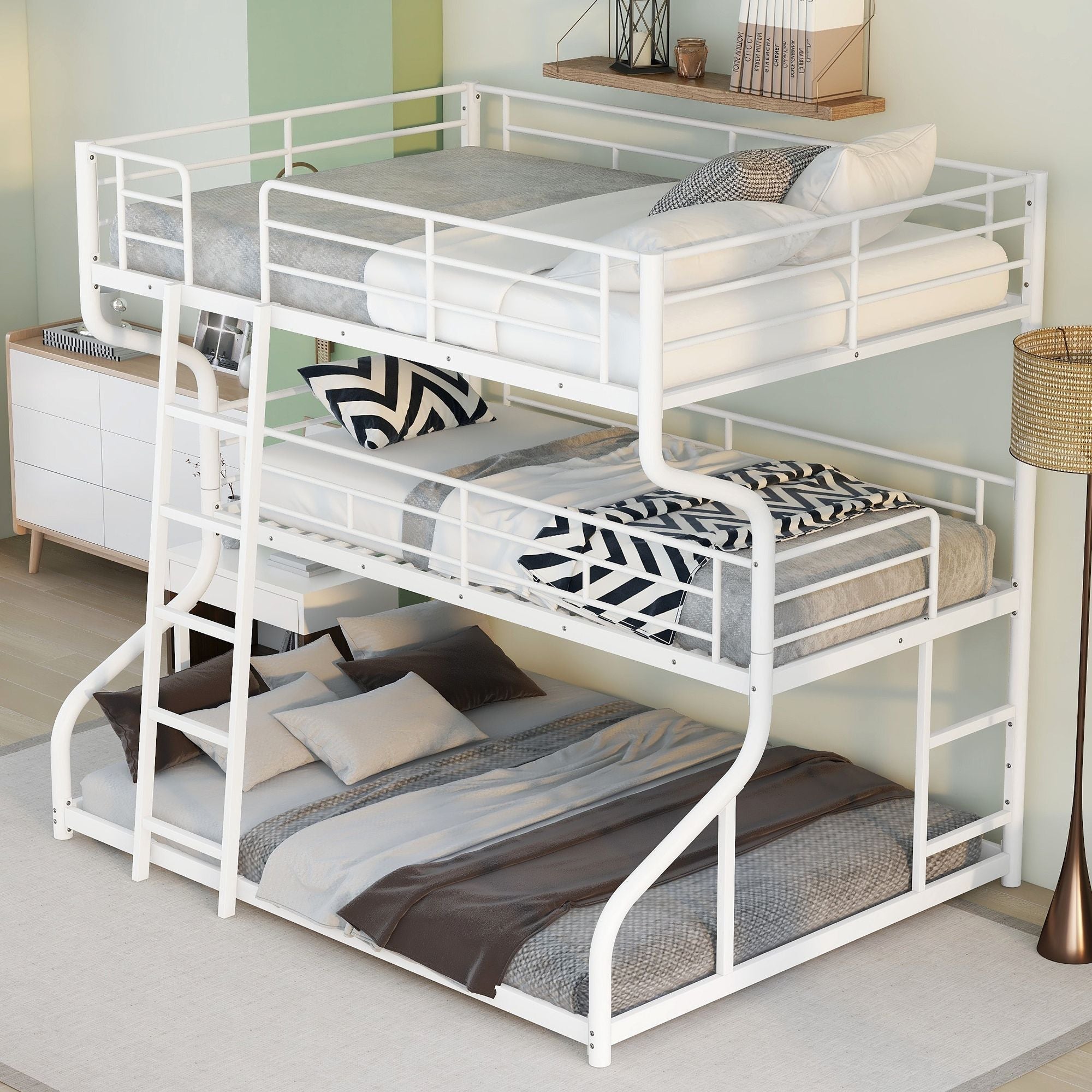 Space-Saving Full XL/Twin XL/Queen Metal Triple Bunk Bed with Dual Ladders, Black or White | Just Better Bunk Beds