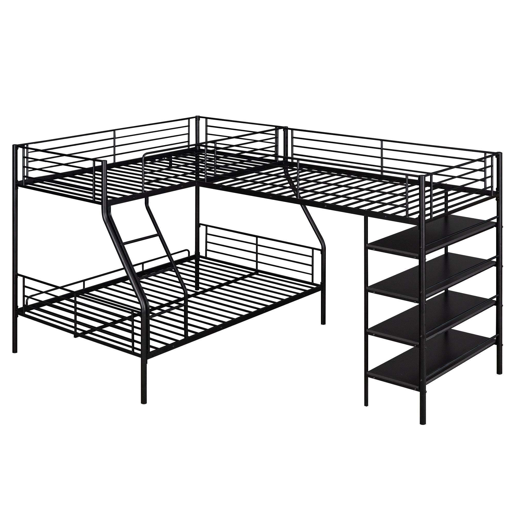 Space-Saving L-Shaped Twin over Full Metal Bunk Bed with Loft and Four Built-In Shelves in Black | Just Better Bunk Beds