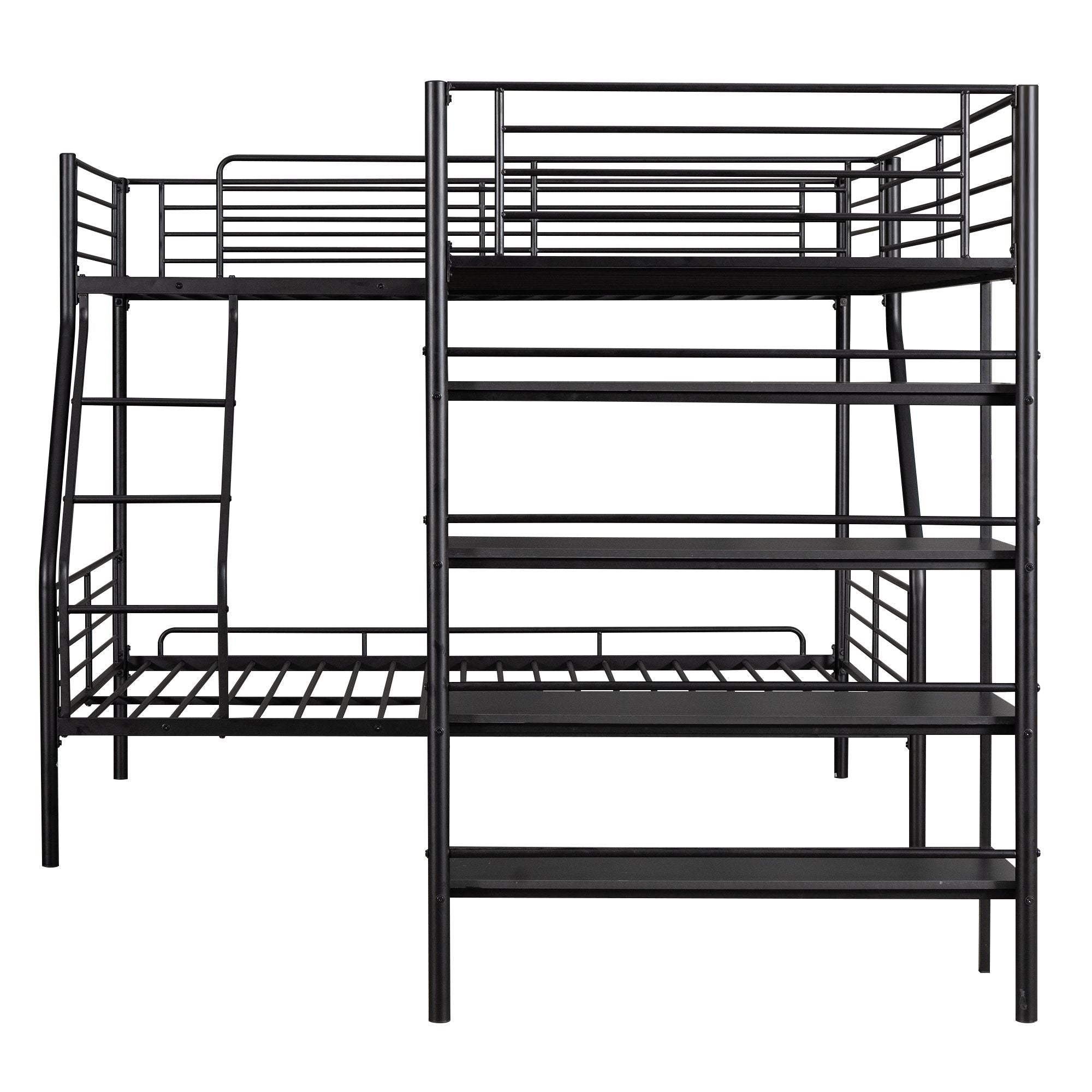 Space-Saving L-Shaped Twin over Full Metal Bunk Bed with Loft and Four Built-In Shelves in Black | Just Better Bunk Beds
