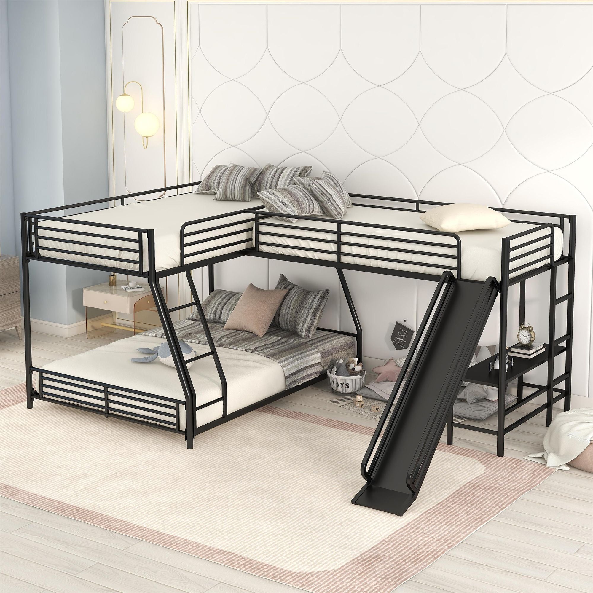 Space-Saving L-Shaped Twin Over Full Metal Bunk Bed with Loft, Desk, and Slide in Black | Just Better Bunk Beds