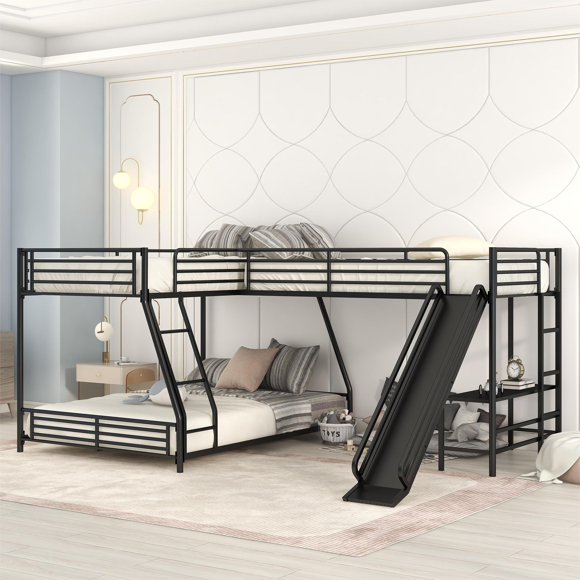 Space-Saving L-Shaped Twin Over Full Metal Bunk Bed with Loft, Desk, and Slide in Black | Just Better Bunk Beds