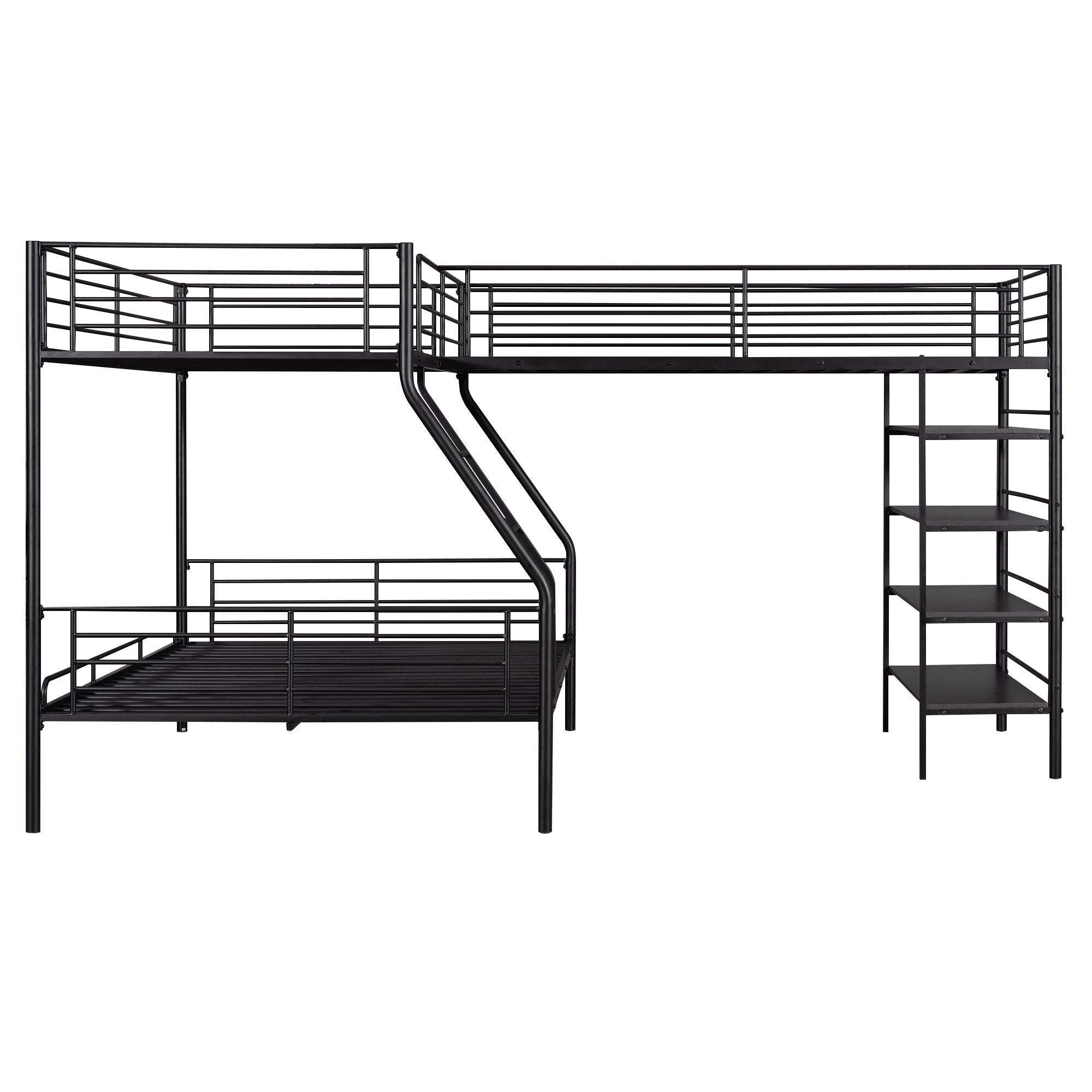 Space-Saving L-Shaped Twin Over Full Metal Bunk Bed with Twin Loft and Built-In Shelves, Black | Just Better Bunk Beds