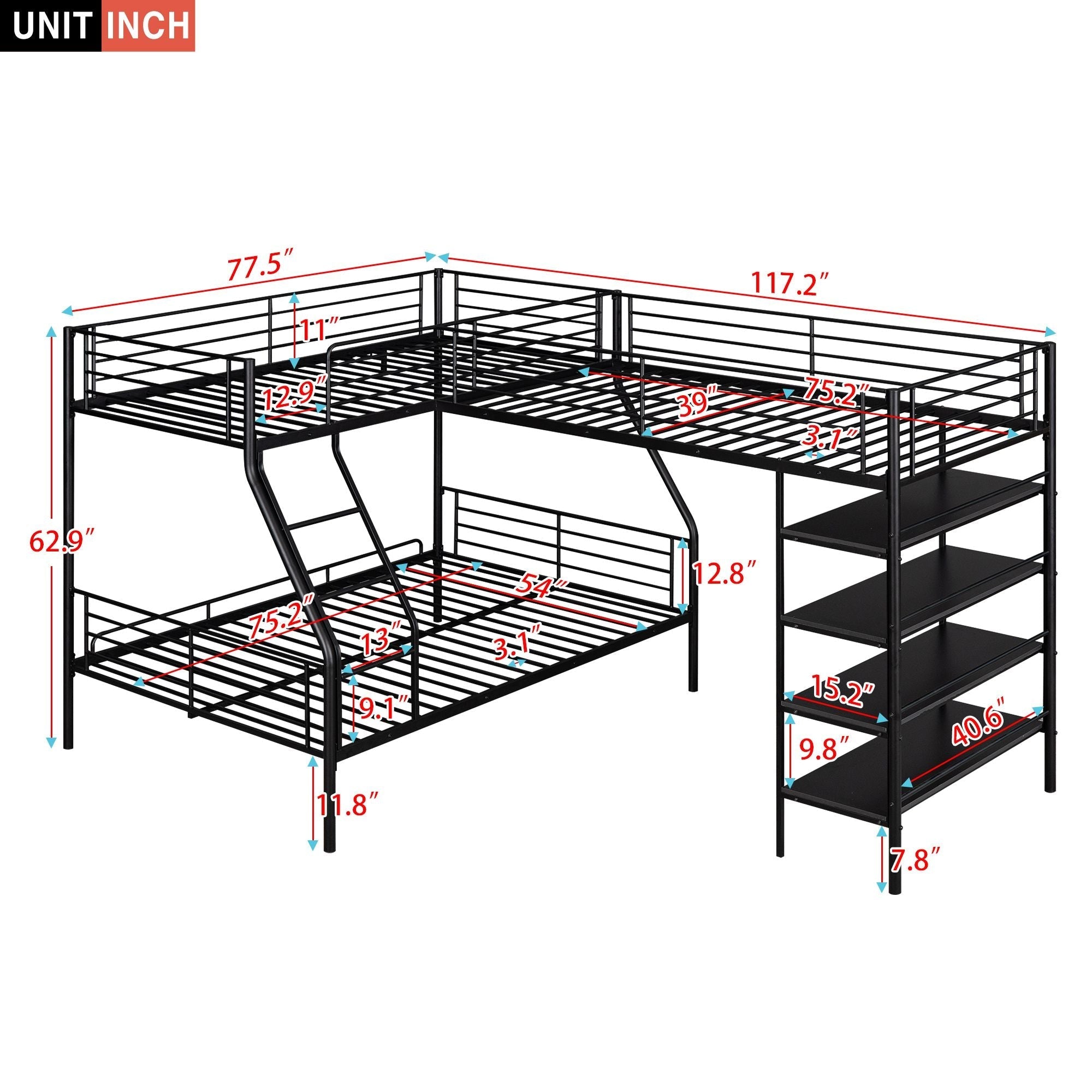 Space-Saving L-Shaped Twin Over Full Metal Bunk Bed with Twin Loft and Built-In Shelves, Black | Just Better Bunk Beds