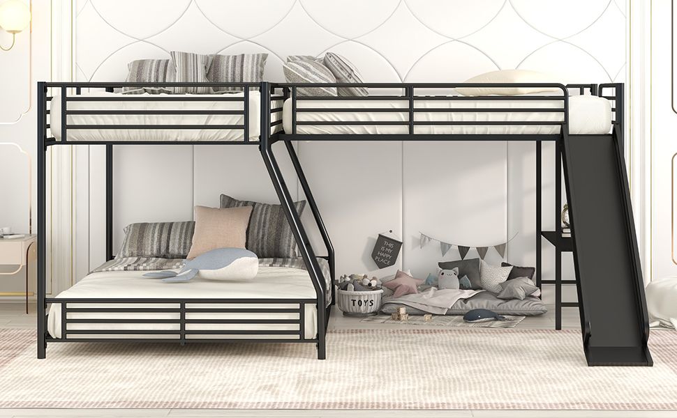 Space-Saving L-Shaped Twin Over Full Metal Bunk Bed with Twin Loft, Built-In Desk and Slide, Black | Just Better Bunk Beds