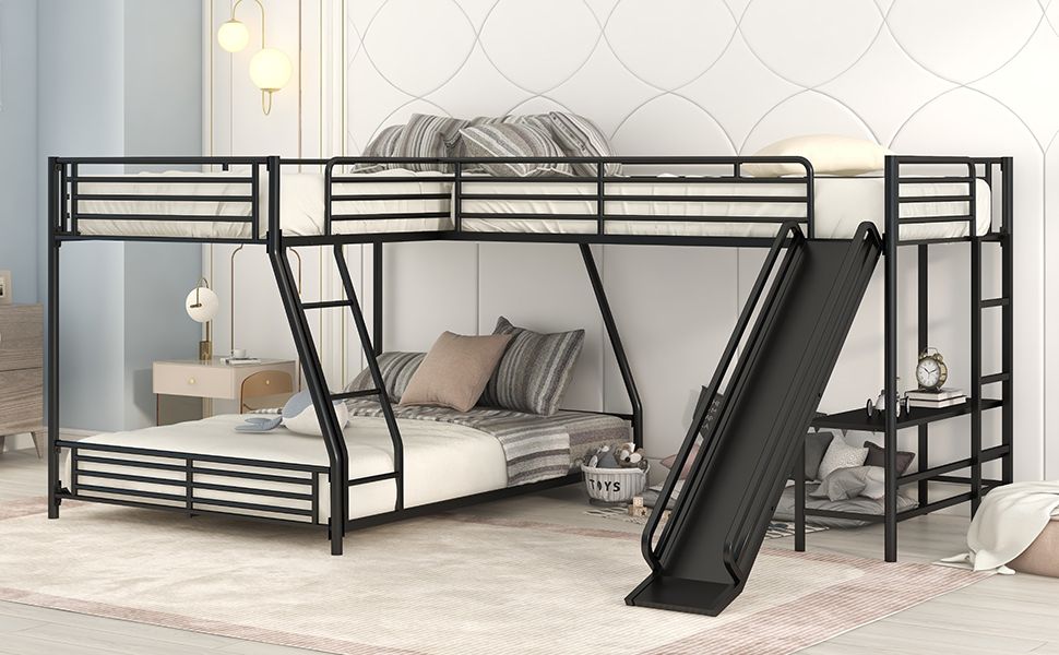 Space-Saving L-Shaped Twin Over Full Metal Bunk Bed with Twin Loft, Built-In Desk and Slide, Black | Just Better Bunk Beds