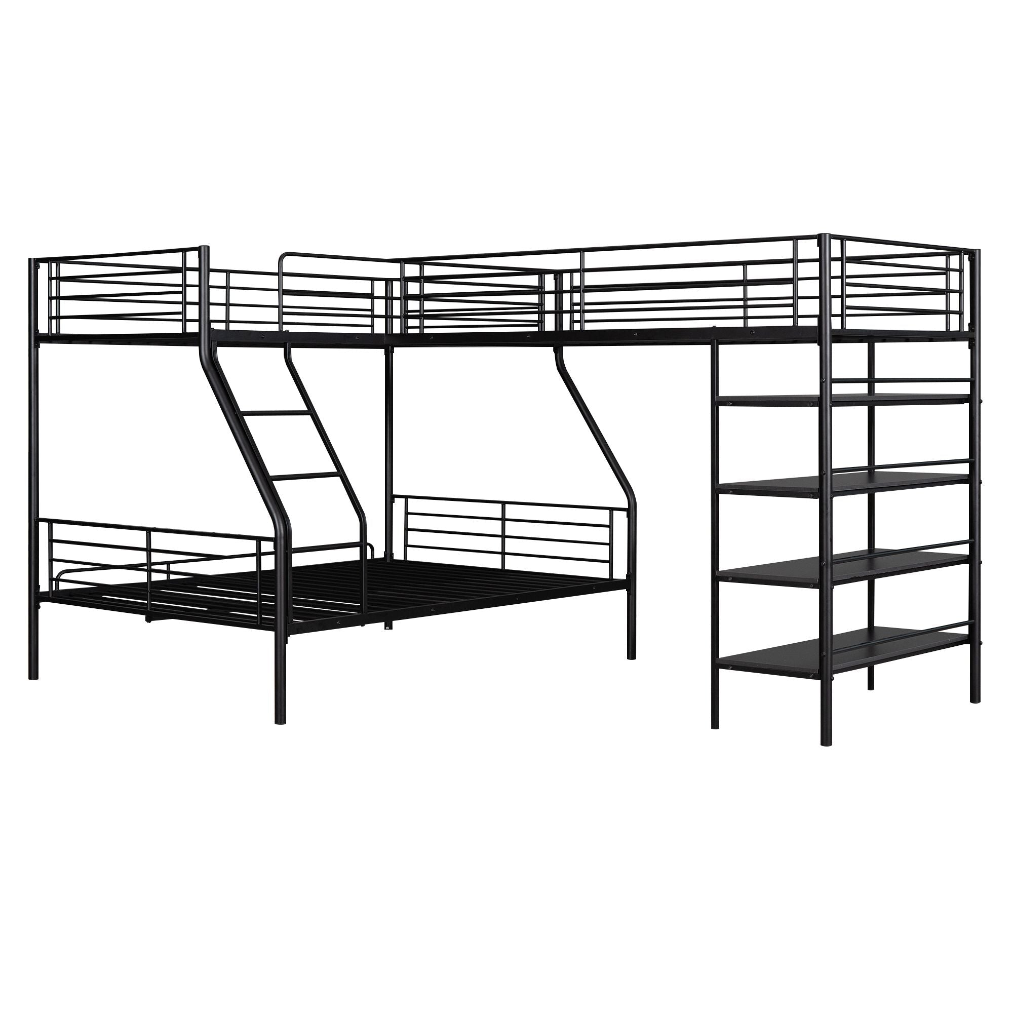 Space-Saving L-Shaped Twin Over Full Metal Bunk Bed with Twin Loft, Built-in Shelves, Black | Just Better Bunk Beds