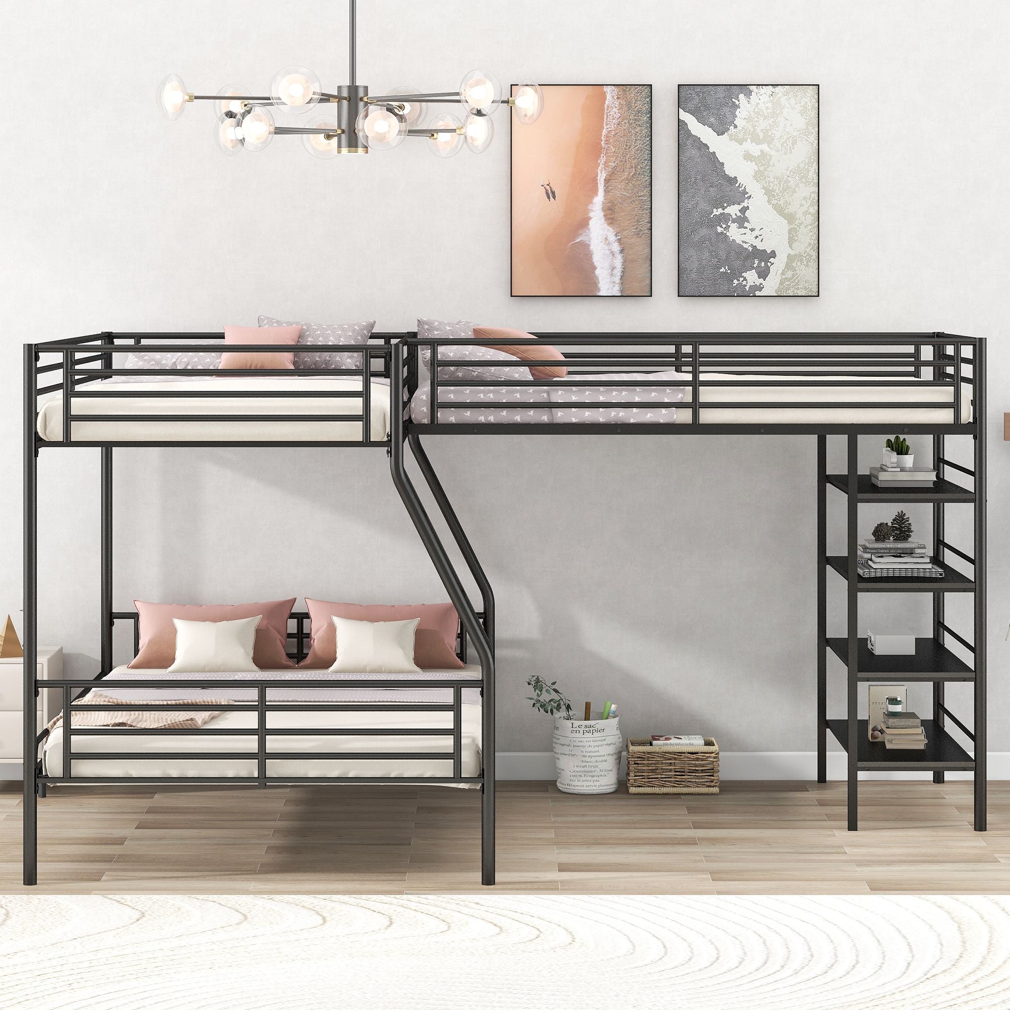 Space-Saving L-Shaped Twin Over Full Metal Bunk Bed with Twin Loft, Built-in Shelves, Black | Just Better Bunk Beds