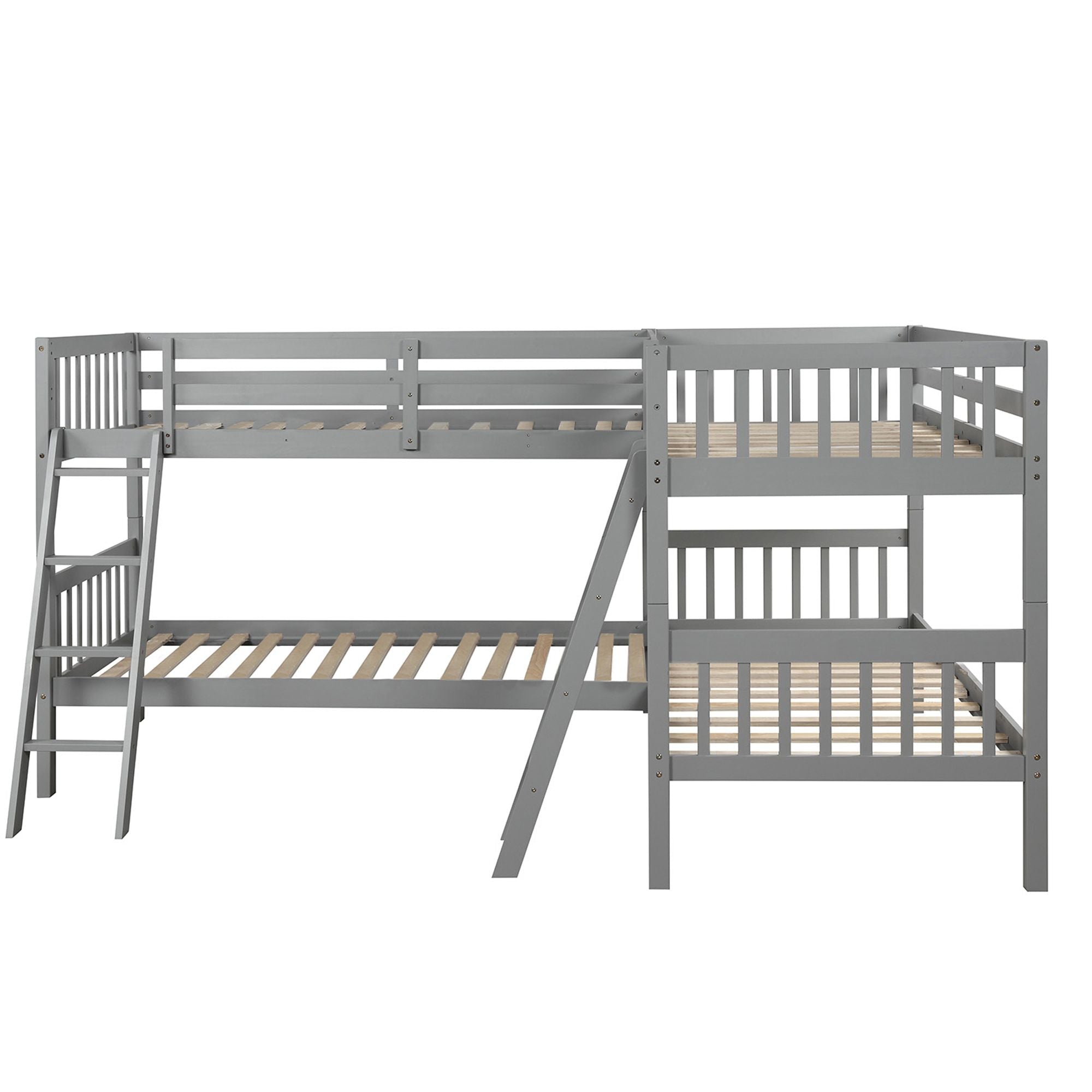 Space-Saving L-Shaped Twin-Over-Twin Wood Bunk Bed with Ladder in Gray | Just Better Bunk Beds