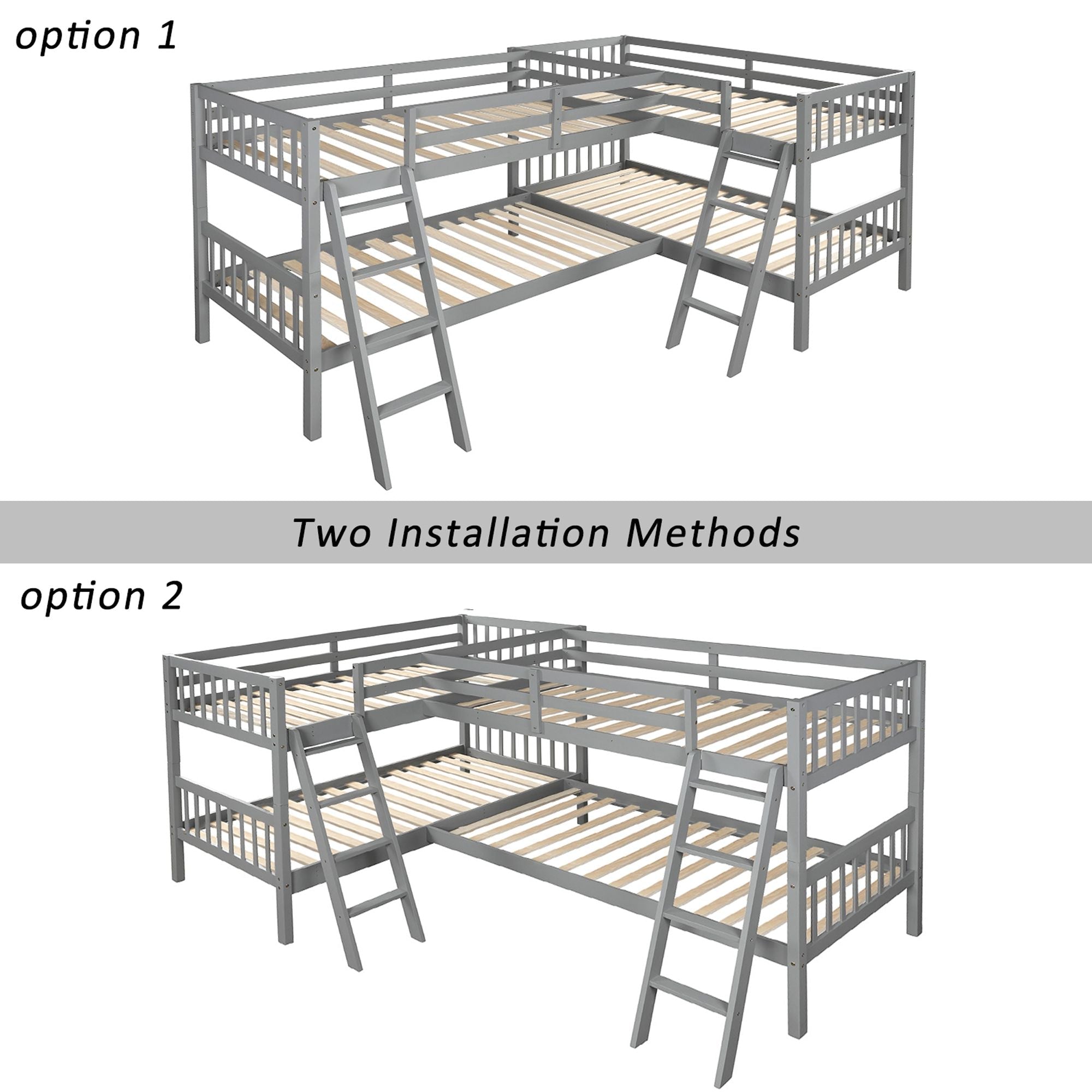 Space-Saving L-Shaped Twin-Over-Twin Wood Bunk Bed with Ladder in Gray | Just Better Bunk Beds
