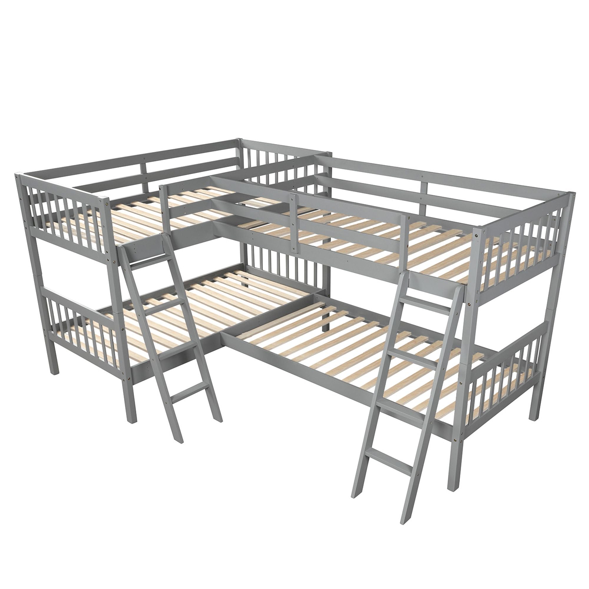 Space-Saving L-Shaped Twin-Over-Twin Wood Bunk Bed with Ladder in Gray | Just Better Bunk Beds