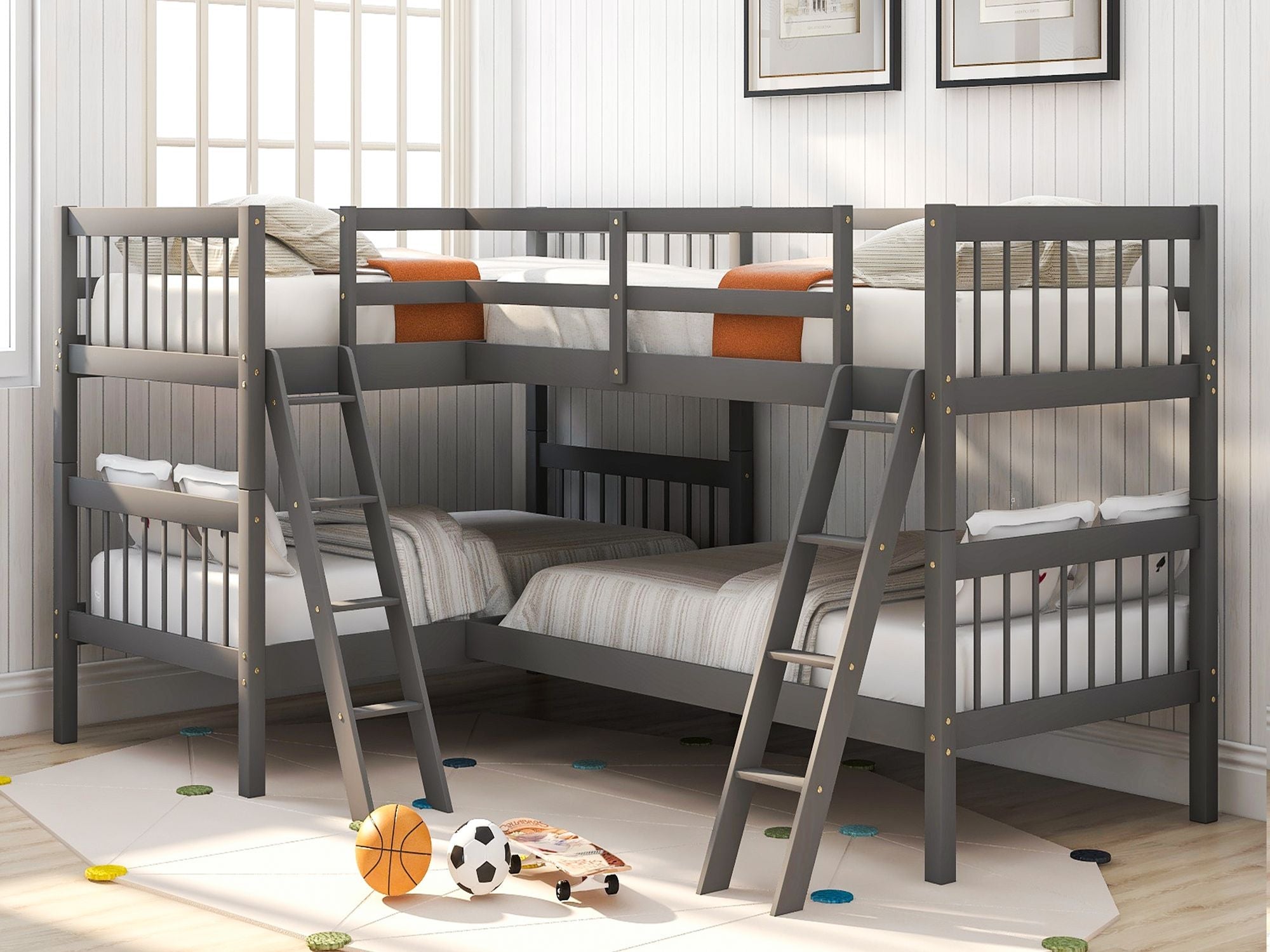 Space-Saving L-Shaped Twin-Over-Twin Wood Bunk Bed with Ladder in Gray | Just Better Bunk Beds