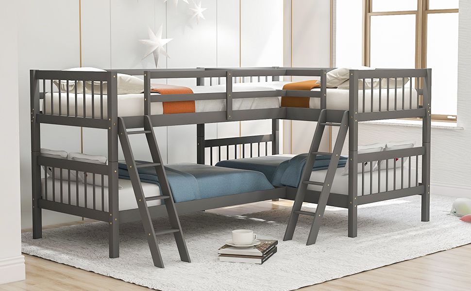 Space-Saving L-Shaped Twin-Over-Twin Wood Bunk Bed with Ladder in Gray | Just Better Bunk Beds