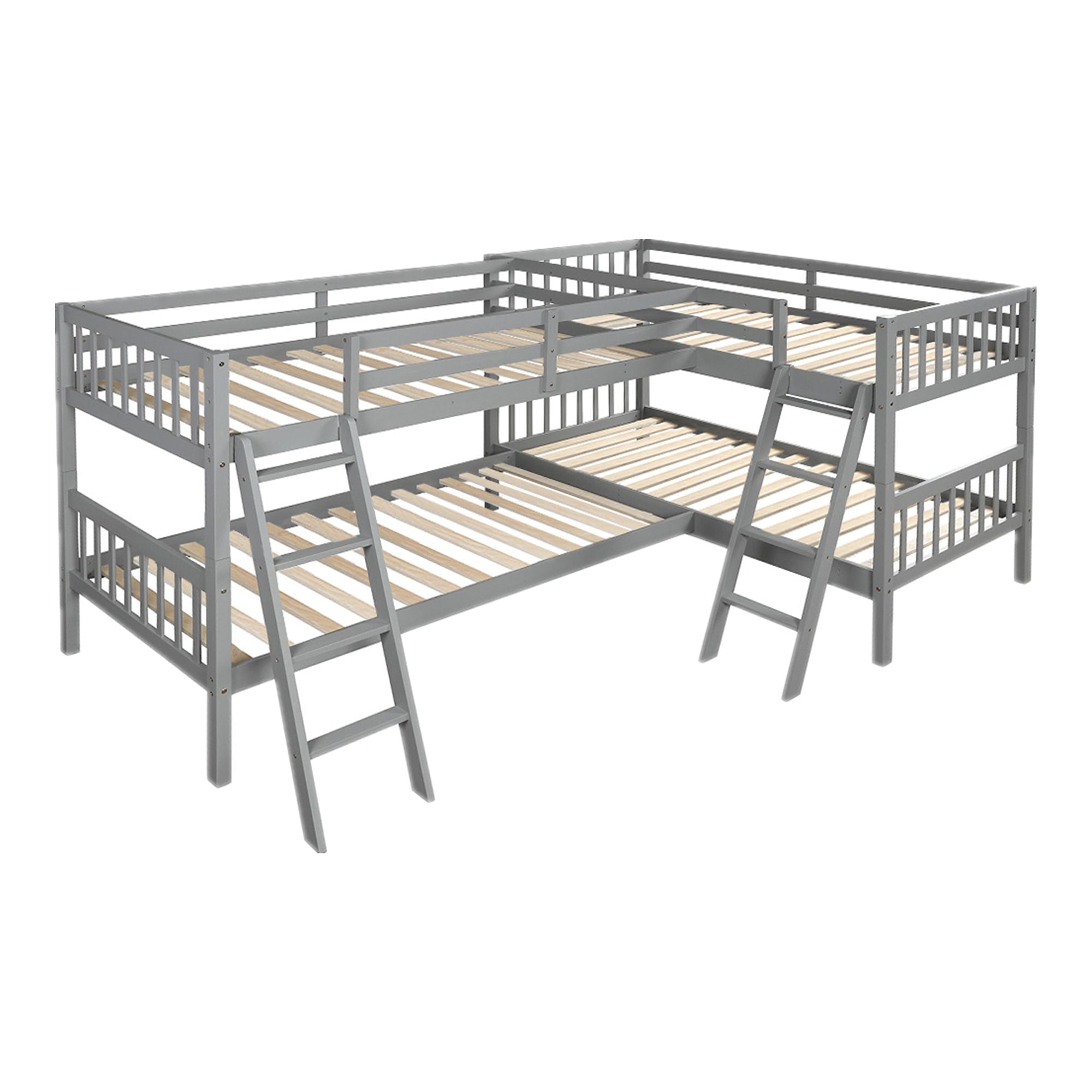 Space-Saving L-Shaped Twin-Over-Twin Wood Bunk Bed with Ladder in Gray | Just Better Bunk Beds