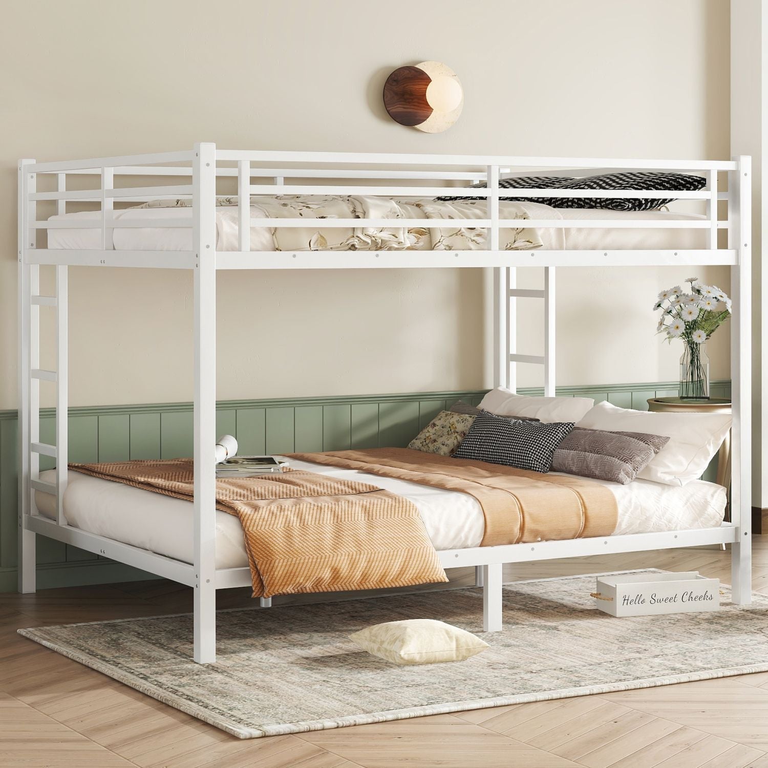 Space-Saving Queen Over Queen Metal Bunk Bed with Noise Reduction, No Box Spring Needed, White | Just Better Bunk Beds