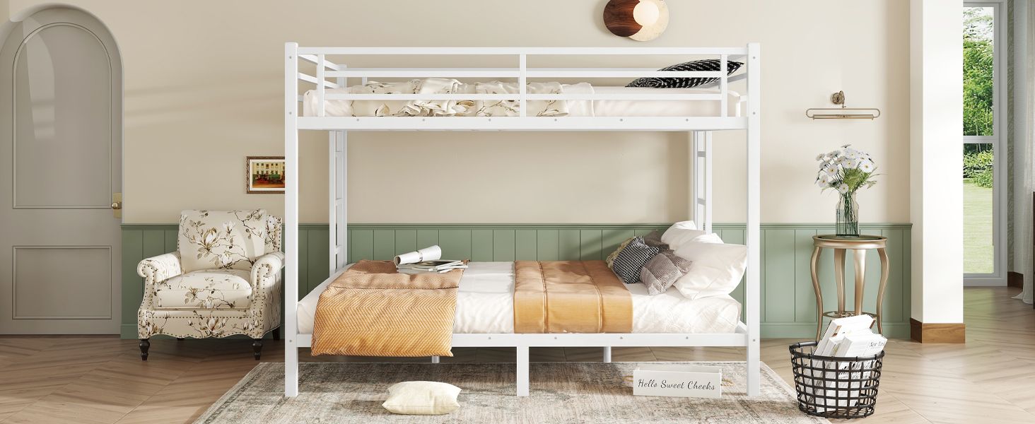 Space-Saving Queen Over Queen Metal Bunk Bed with Noise Reduction, No Box Spring Needed, White | Just Better Bunk Beds