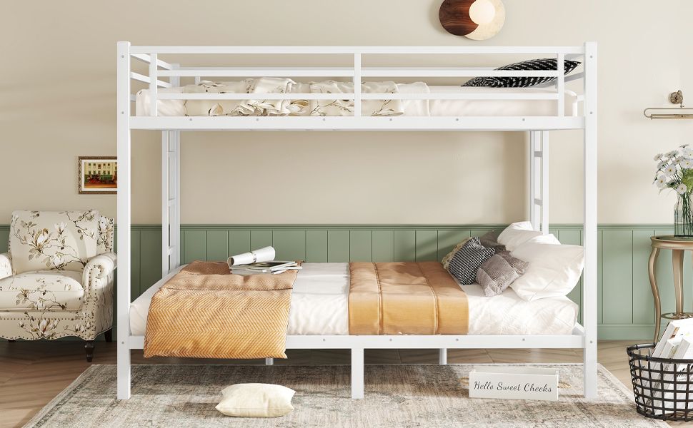 Space-Saving Queen Over Queen Metal Bunk Bed with Noise Reduction, No Box Spring Needed, White | Just Better Bunk Beds
