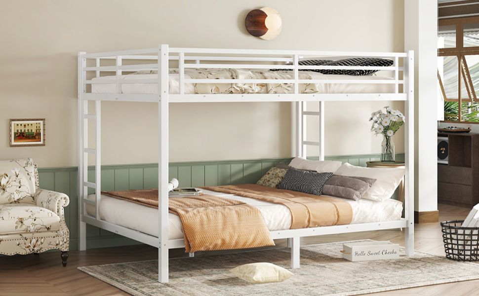 Space-Saving Queen Over Queen Metal Bunk Bed with Noise Reduction, No Box Spring Needed, White | Just Better Bunk Beds
