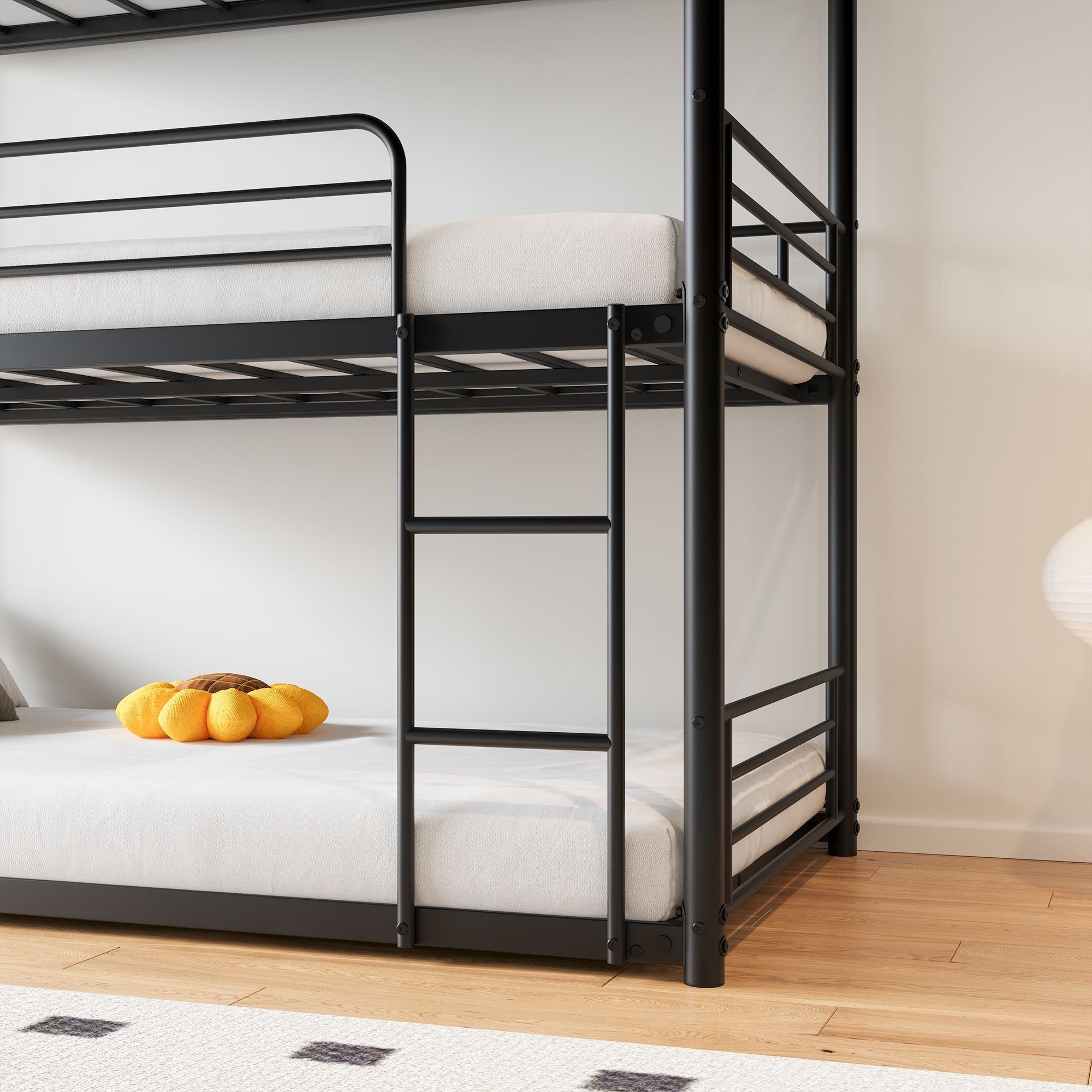 Space-Saving Triple Twin Metal Bunk Bed with Guard Rails and Dual Ladders, Black | Just Better Bunk Beds