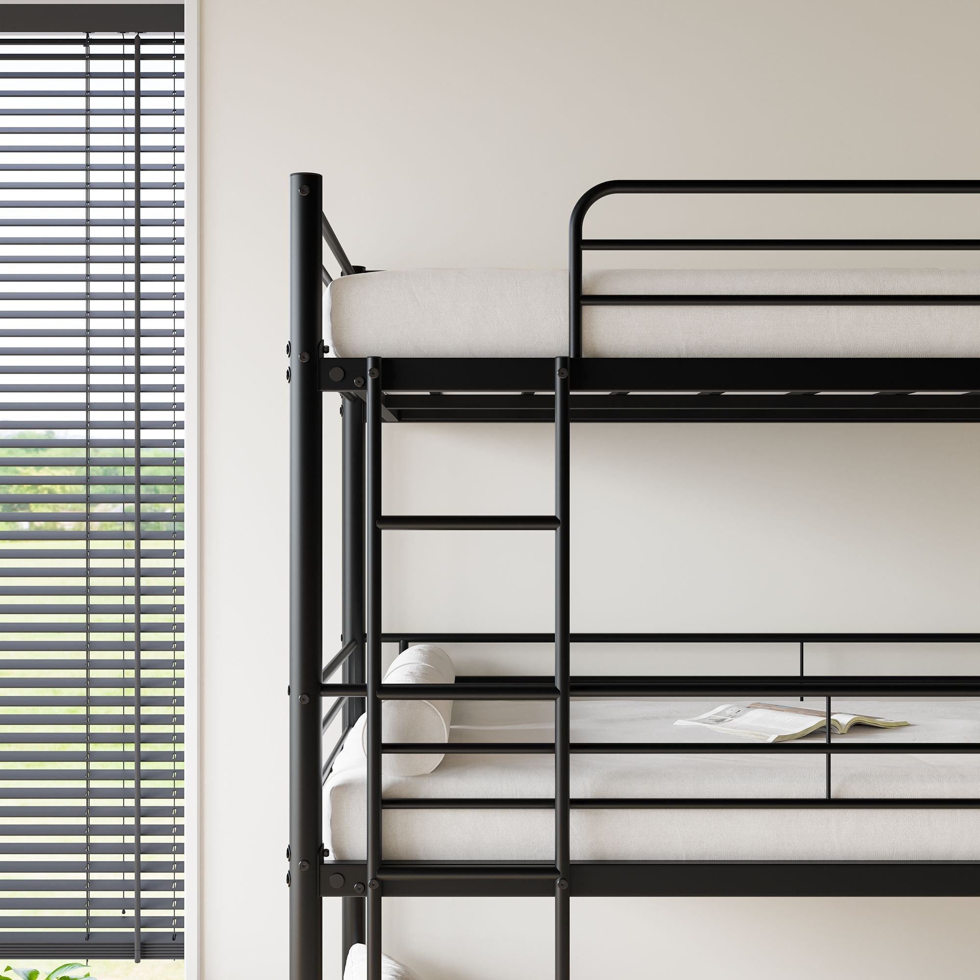 Space-Saving Triple Twin Metal Bunk Bed with Guard Rails and Dual Ladders, Black | Just Better Bunk Beds