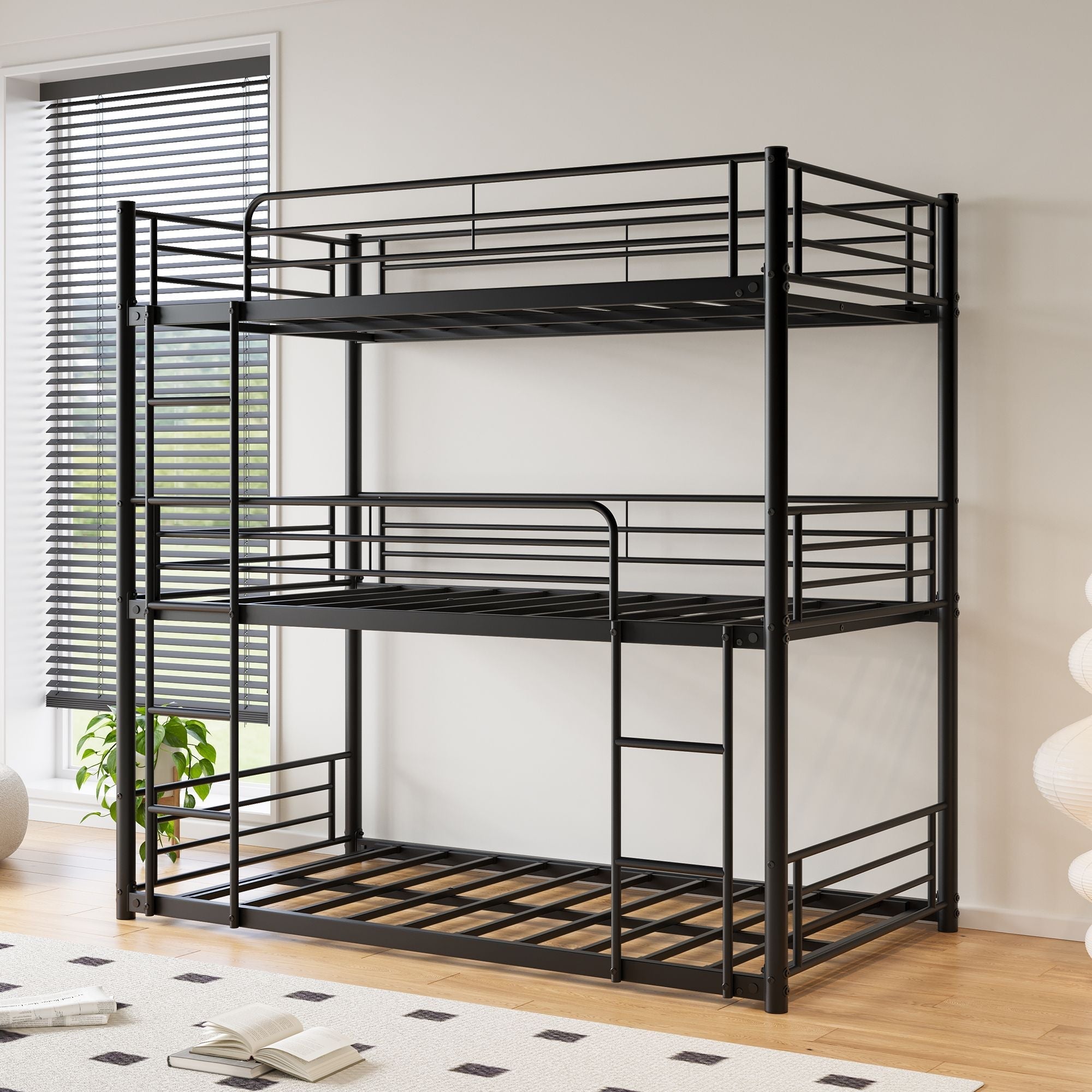 Space-Saving Triple Twin Metal Bunk Bed with Guard Rails and Dual Ladders, Black | Just Better Bunk Beds