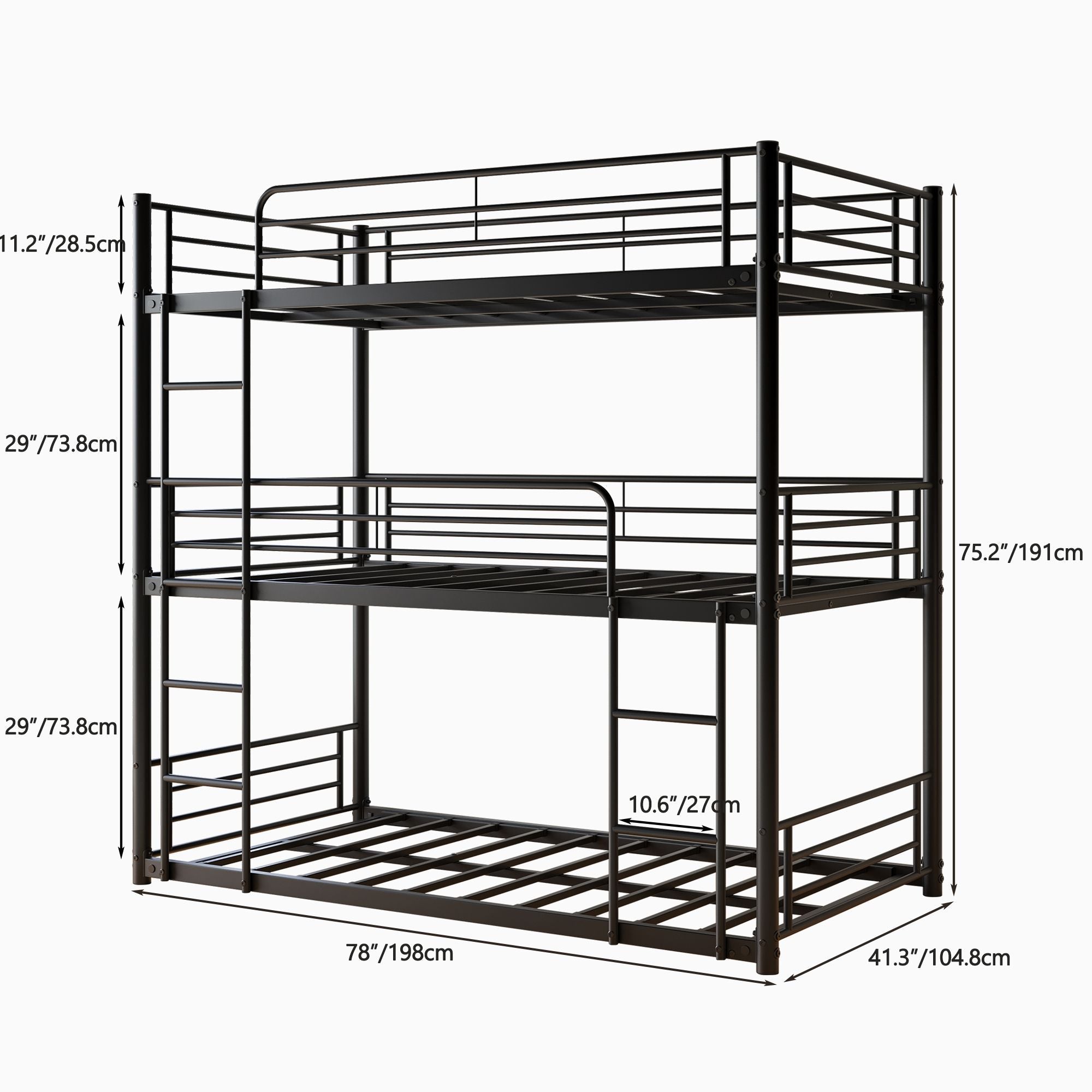 Space-Saving Triple Twin Metal Bunk Bed with Guard Rails and Dual Ladders, Black | Just Better Bunk Beds