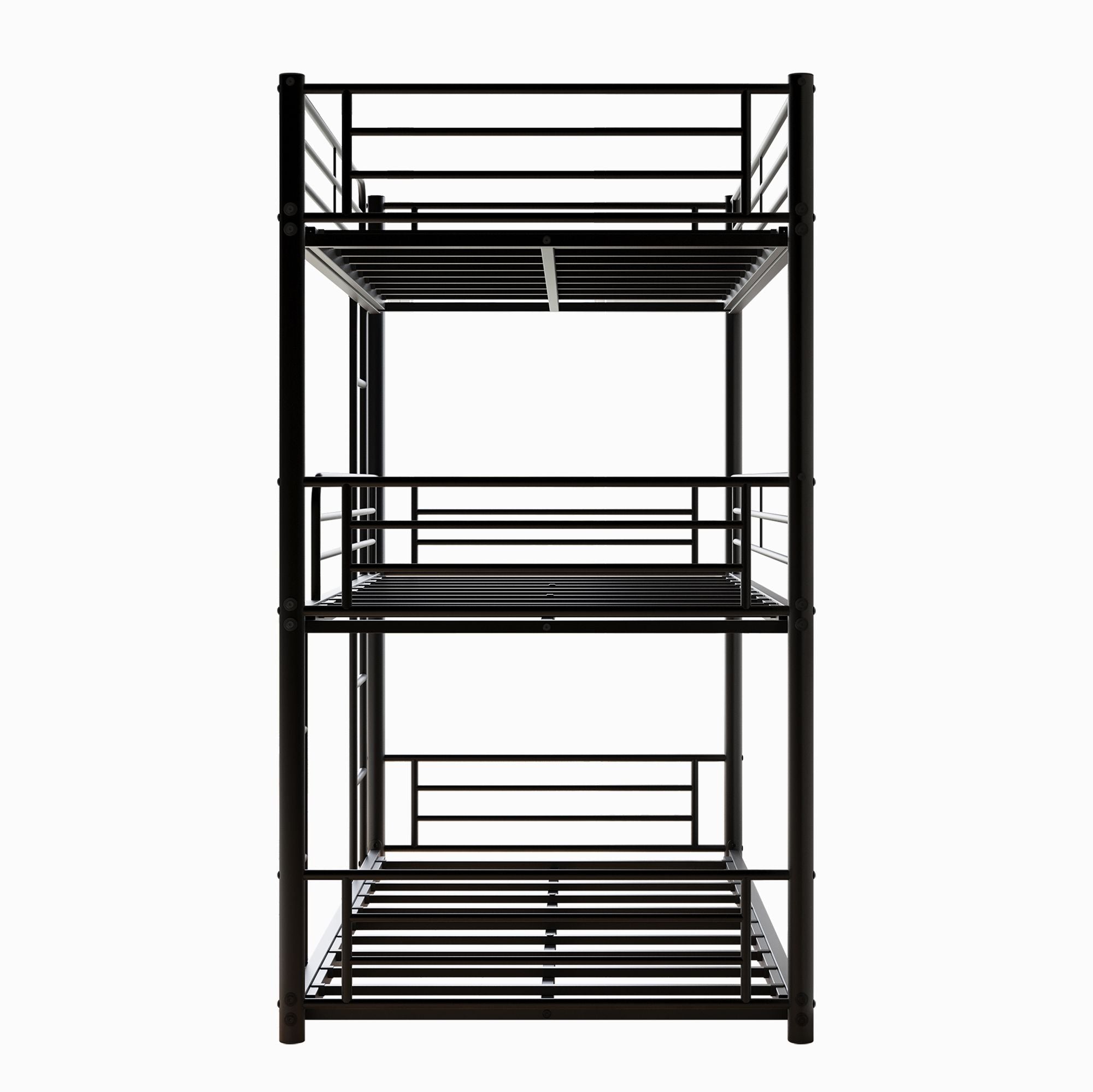 Space-Saving Triple Twin Metal Bunk Bed with Guard Rails and Dual Ladders, Black | Just Better Bunk Beds