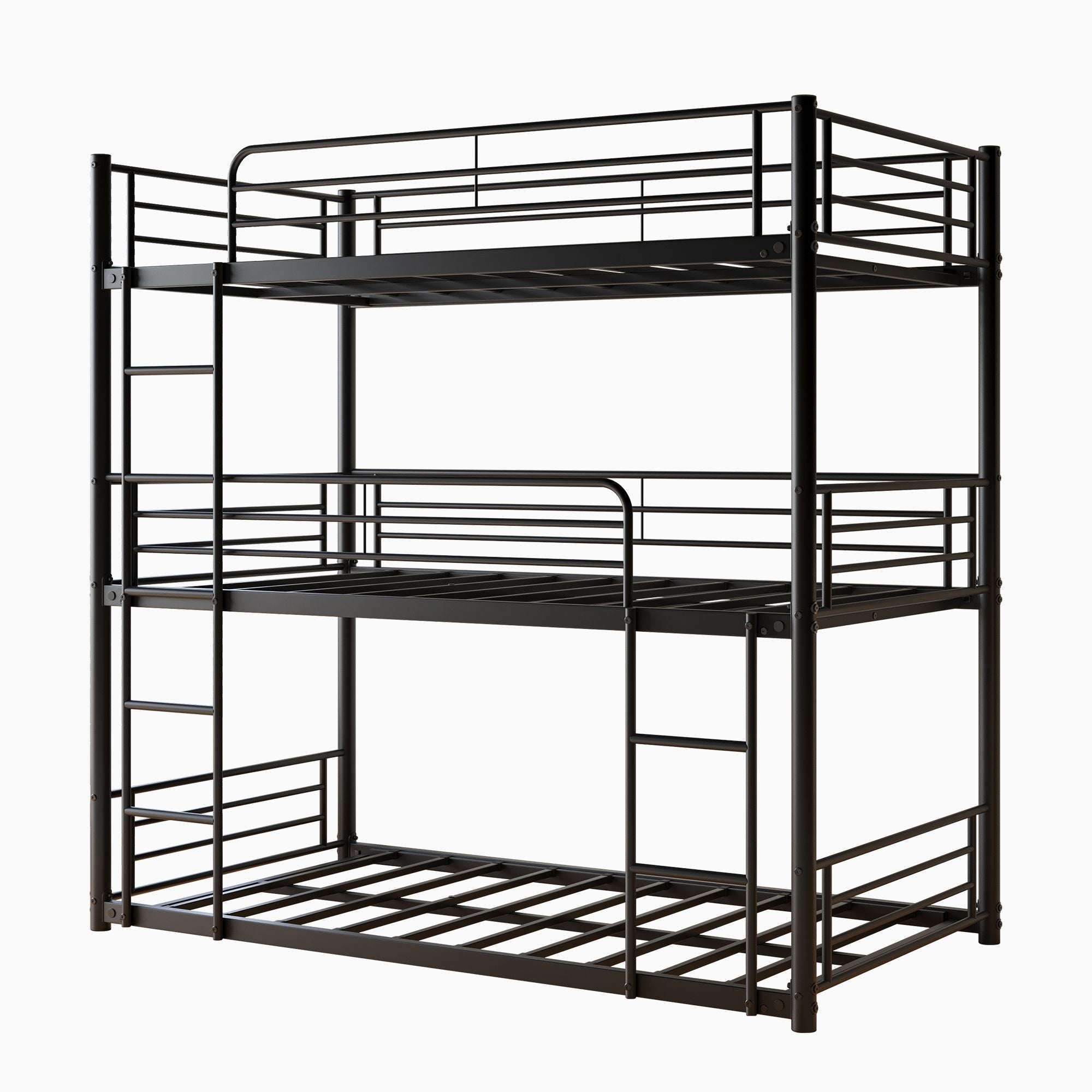 Space-Saving Triple Twin Metal Bunk Bed with Guard Rails and Dual Ladders, Black | Just Better Bunk Beds