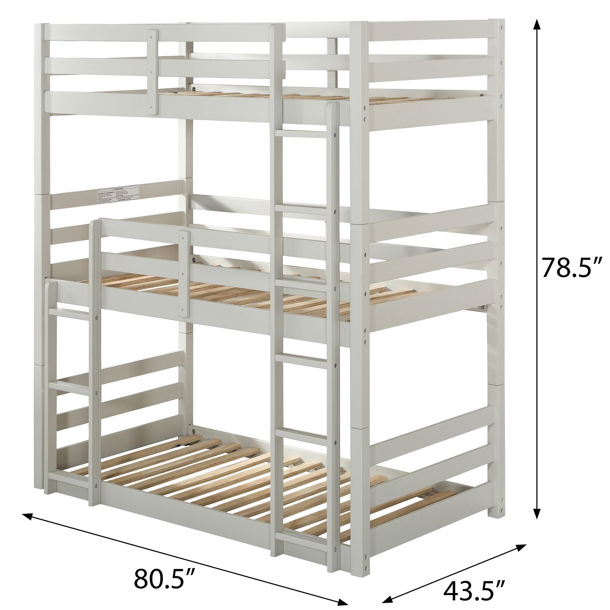 Space-Saving Triple Twin Wood Bunk Bed with Safety Guardrails, Light Gray Finish | Just Better Bunk Beds