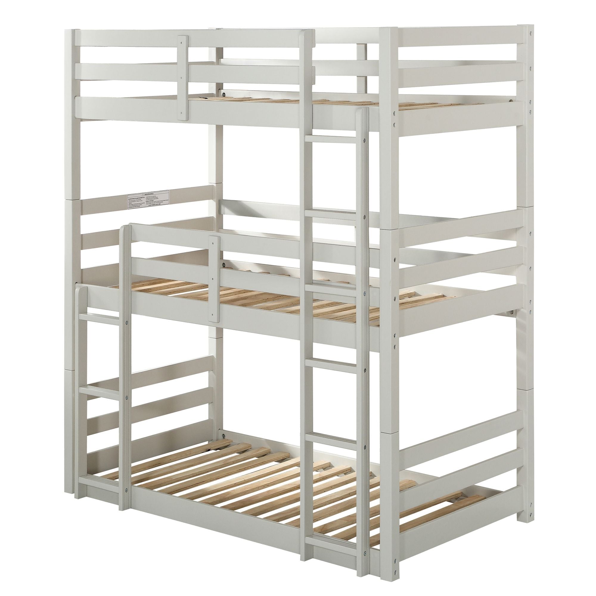 Space-Saving Triple Twin Wood Bunk Bed with Safety Guardrails, Light Gray Finish | Just Better Bunk Beds