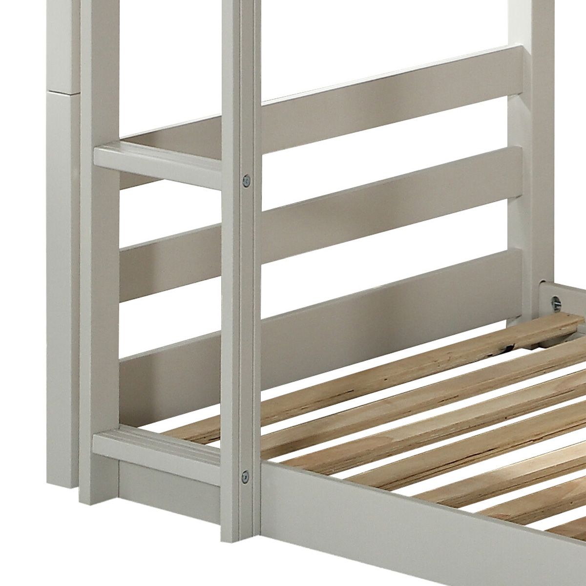 Space-Saving Triple Twin Wood Bunk Bed with Safety Guardrails, Light Gray Finish | Just Better Bunk Beds