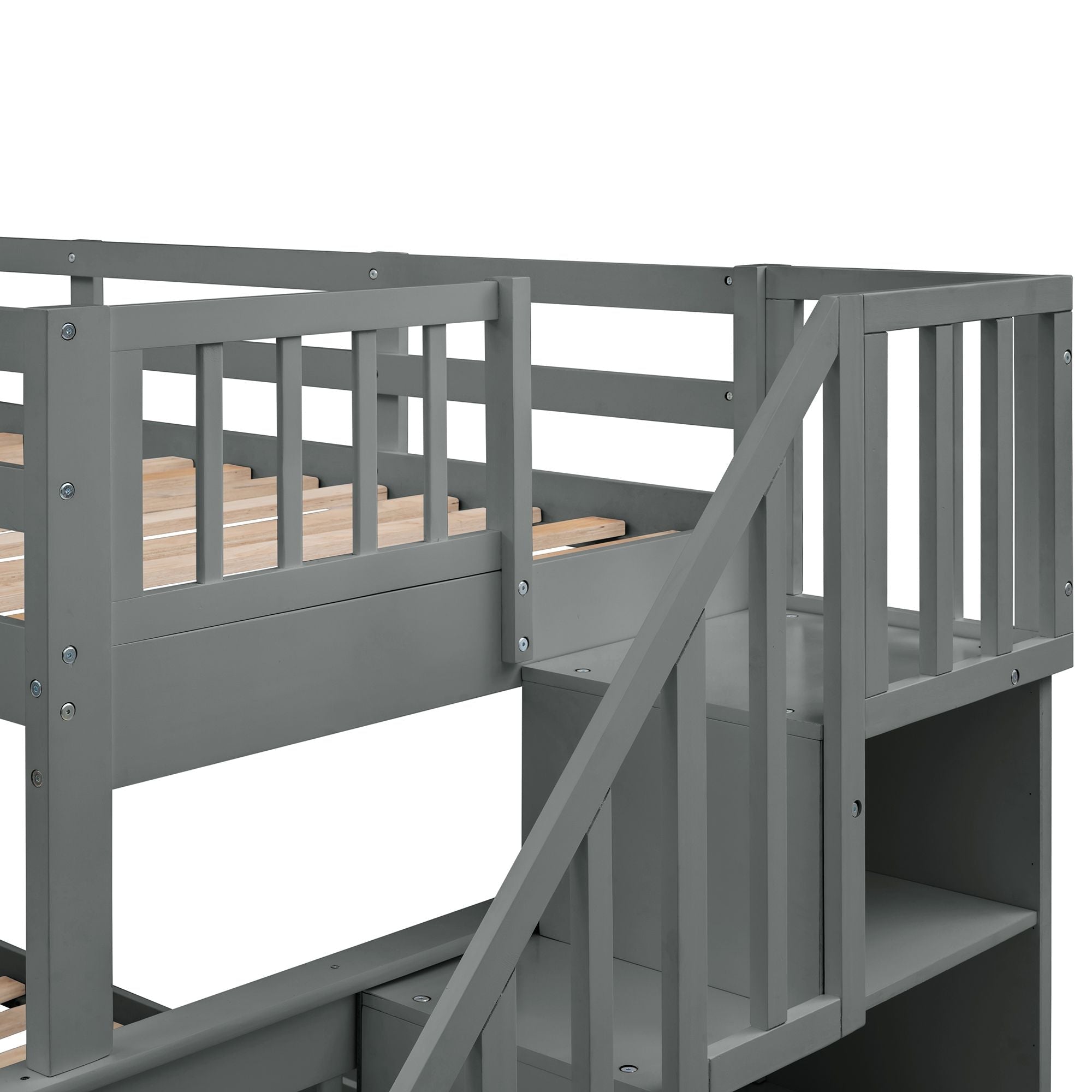 Space-Saving Twin-Over-Full Bunk Bed with Twin Trundle, Stair Storage, and Gray Wood Frame | Just Better Bunk Beds
