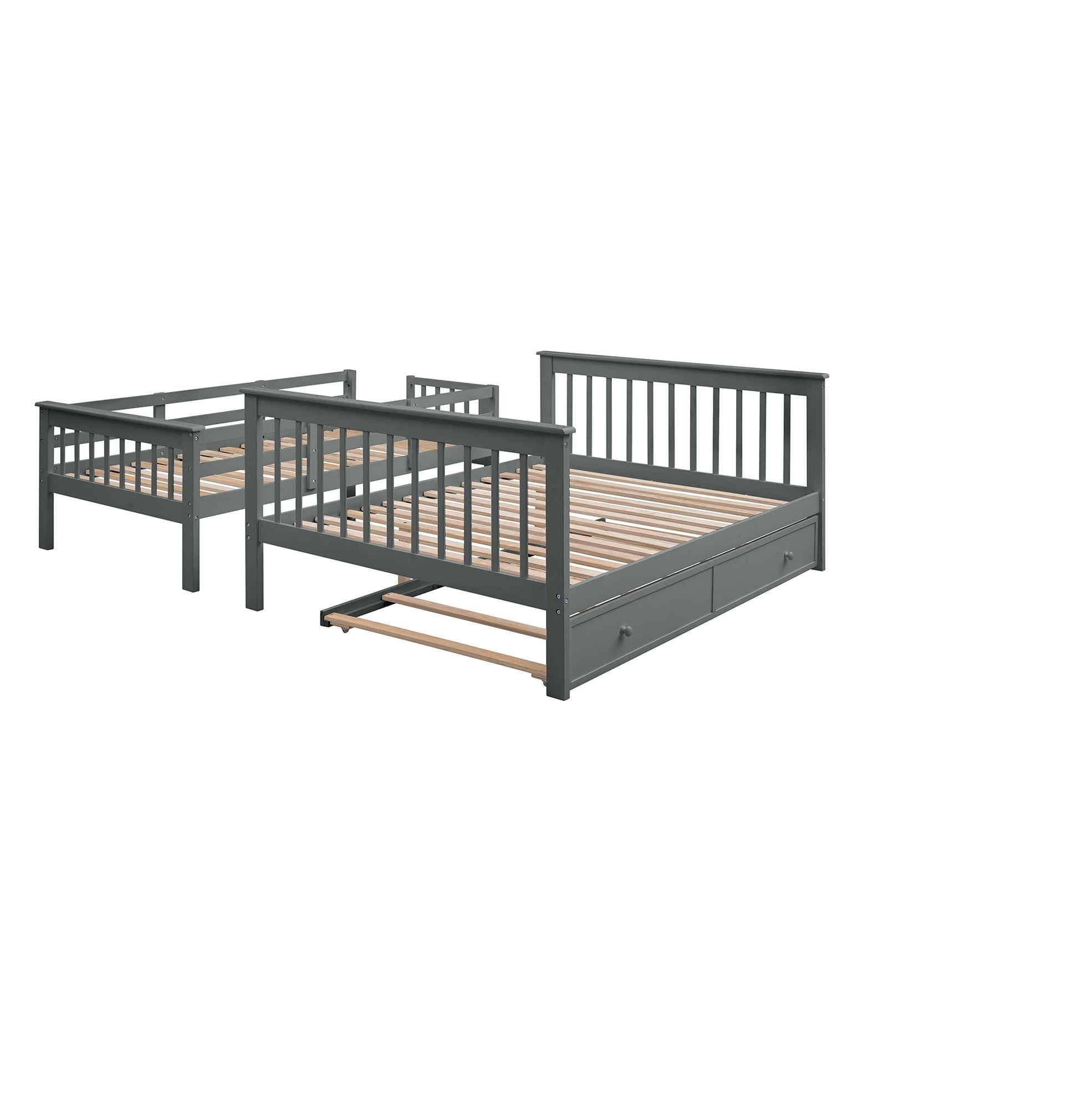 Space-Saving Twin-Over-Full Bunk Bed with Twin Trundle, Stair Storage, and Gray Wood Frame | Just Better Bunk Beds