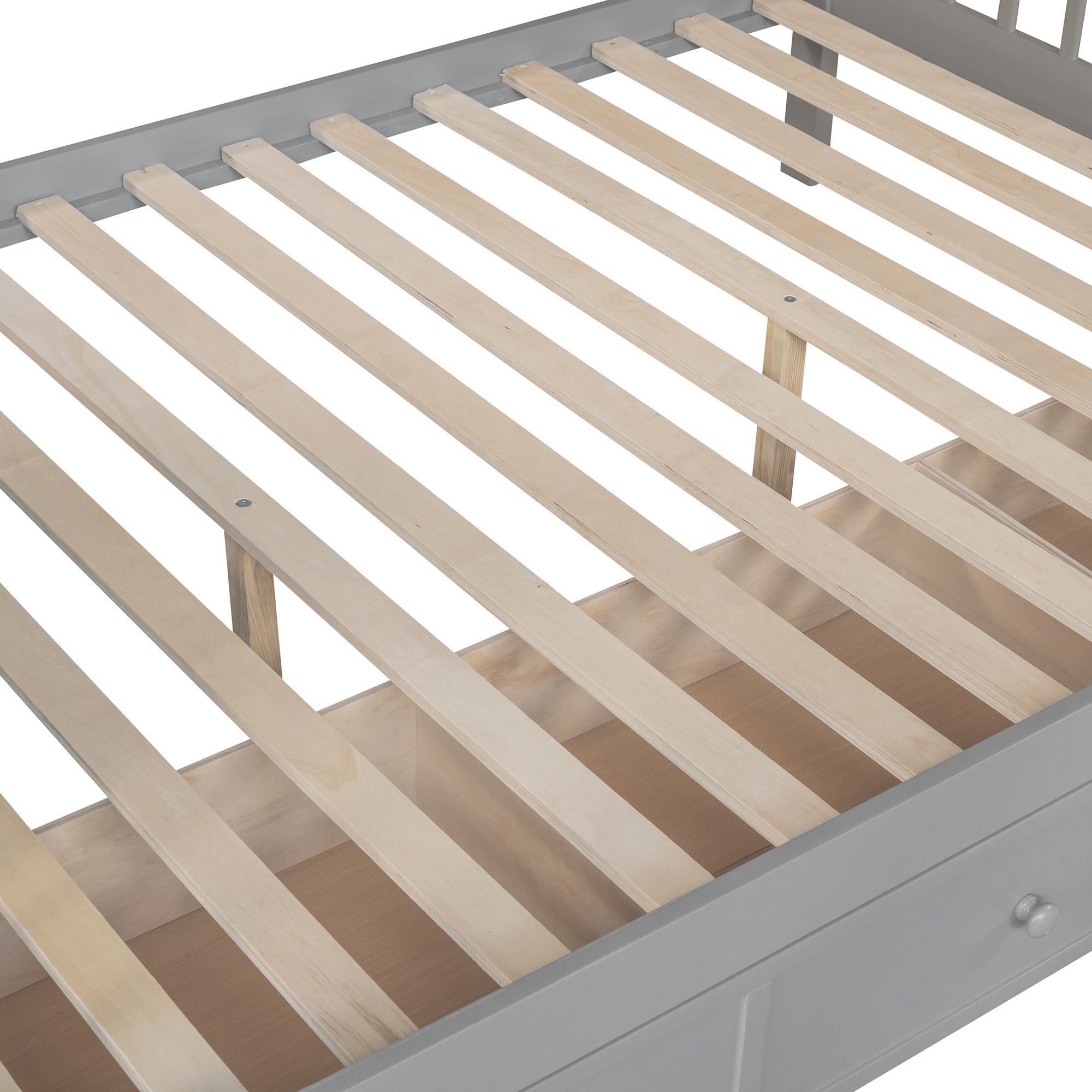 Space-Saving Twin over Full L-Shaped Wood Bunk Bed with 3 Drawers, Ladder, and Staircase in Gray | Just Better Bunk Beds