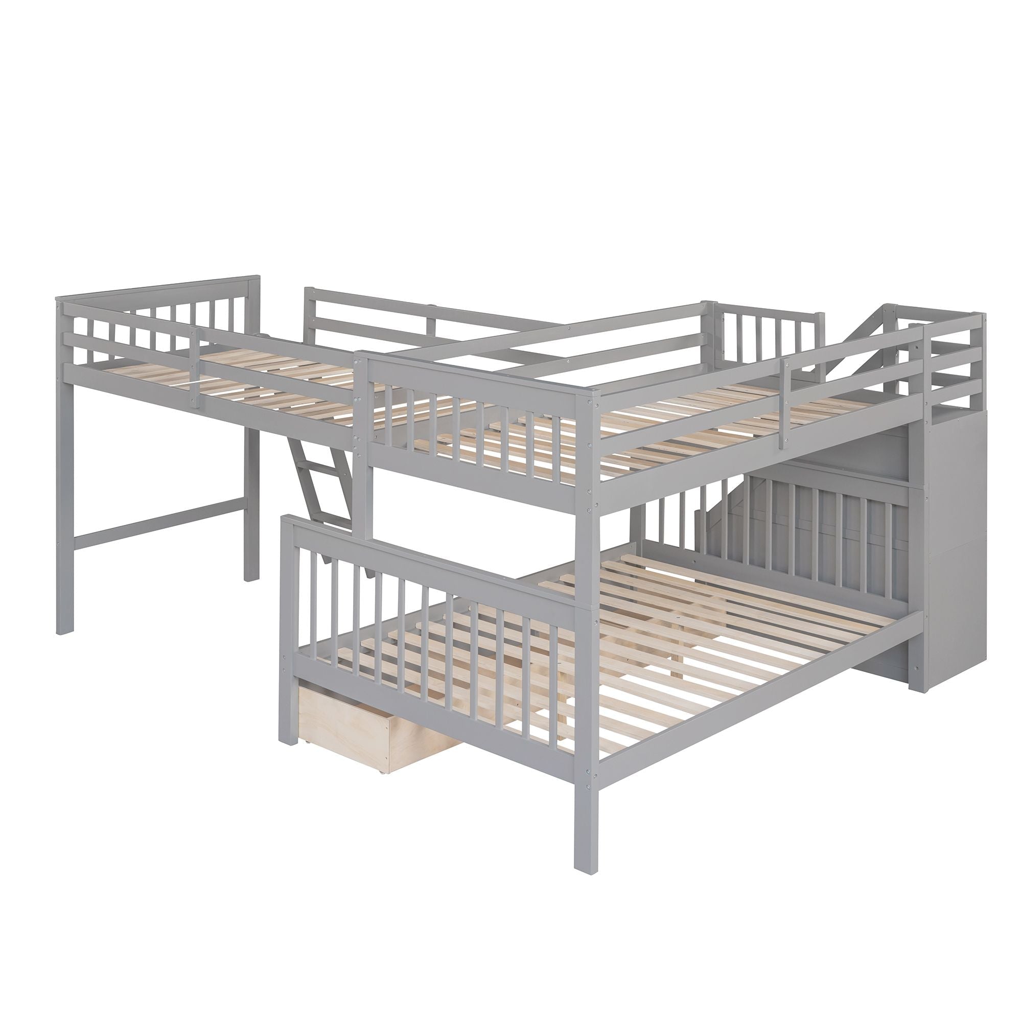 Space-Saving Twin over Full L-Shaped Wood Bunk Bed with 3 Drawers, Ladder, and Staircase in Gray | Just Better Bunk Beds