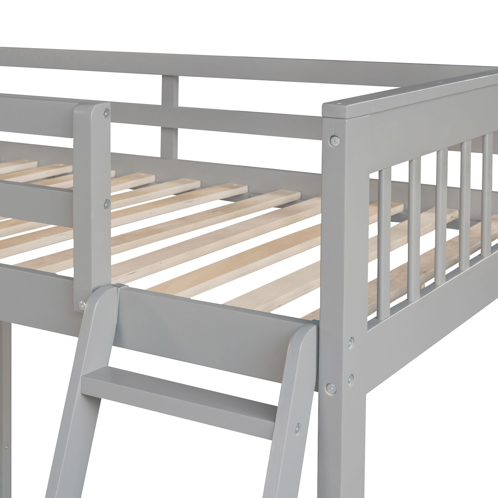 Space-Saving Twin over Full L-Shaped Wood Bunk Bed with 3 Drawers, Ladder, and Staircase in Gray | Just Better Bunk Beds